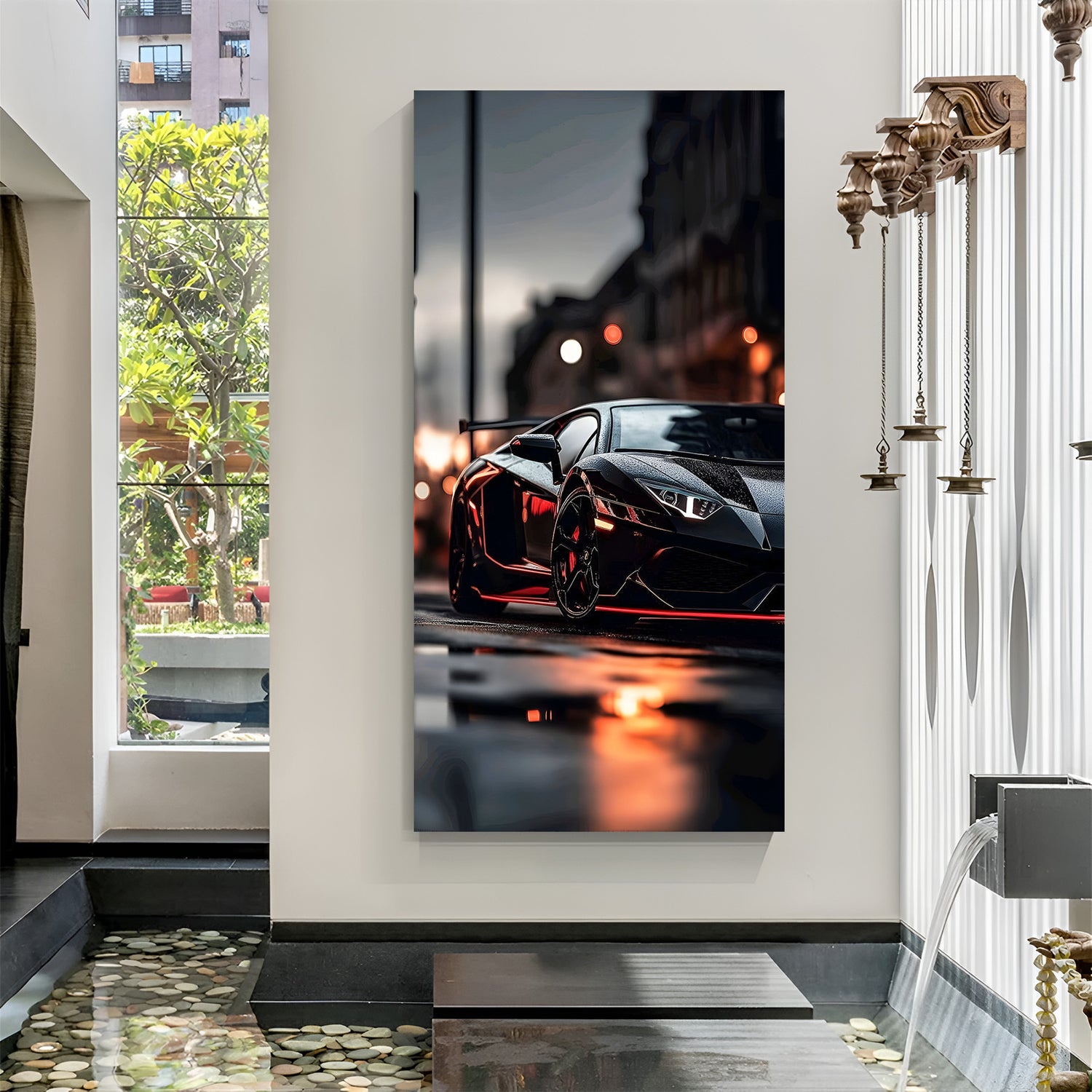 Canvas wall art with black Lamborghini looking hot and powerful in a sharp, minimal setting