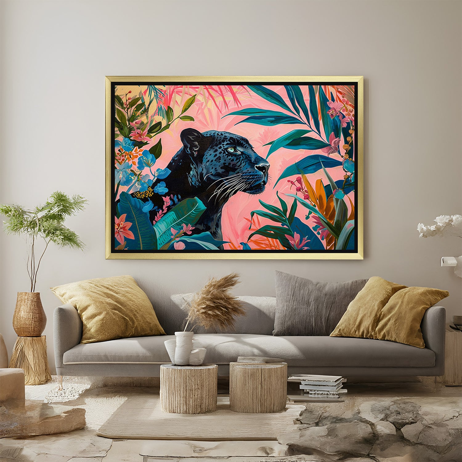 Canvas wall art of black panther in jungle with golden floater frame, perfect for elegant and moody home settings