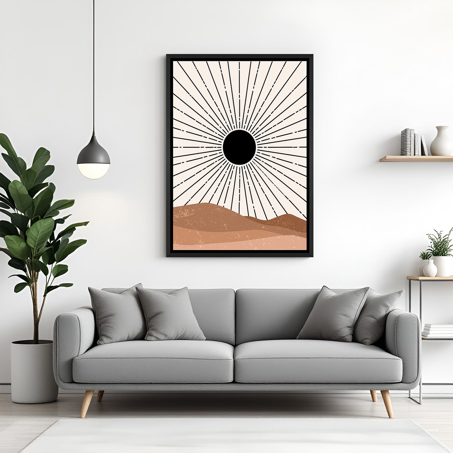 Abstract desert-inspired black sun wall art with black floater frame in earthy boho style