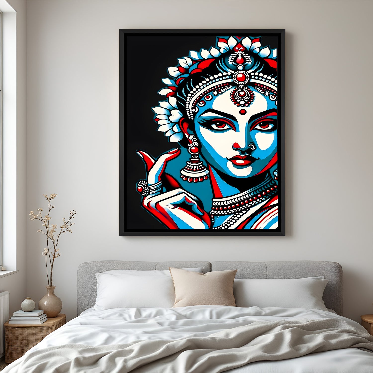 Traditional lady Kalamkari wall painting in elegant black floater frame with dark artistic theme