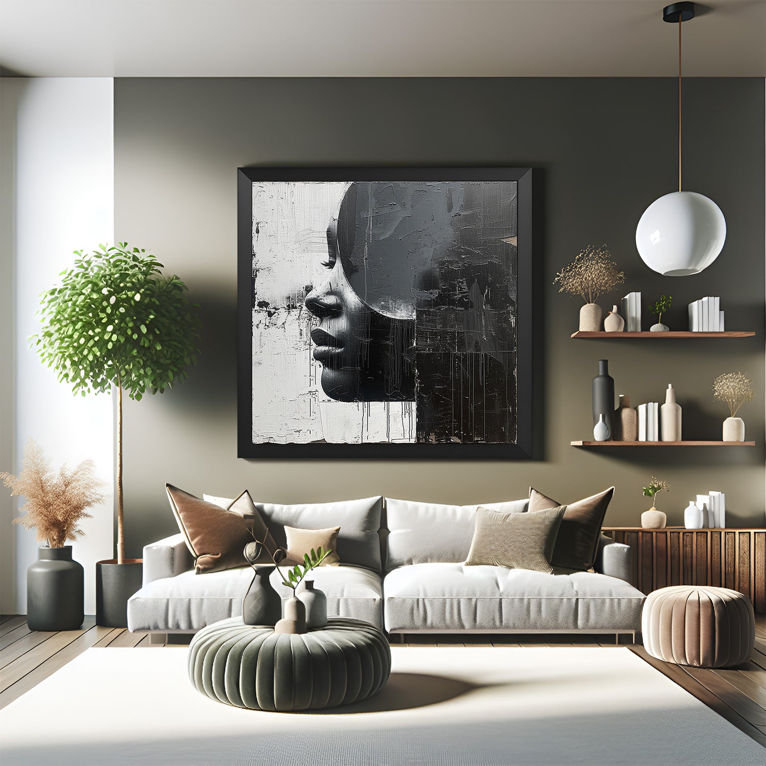 Black frame abstract female wall art – side face in black and white with half-circle and paint splash effect