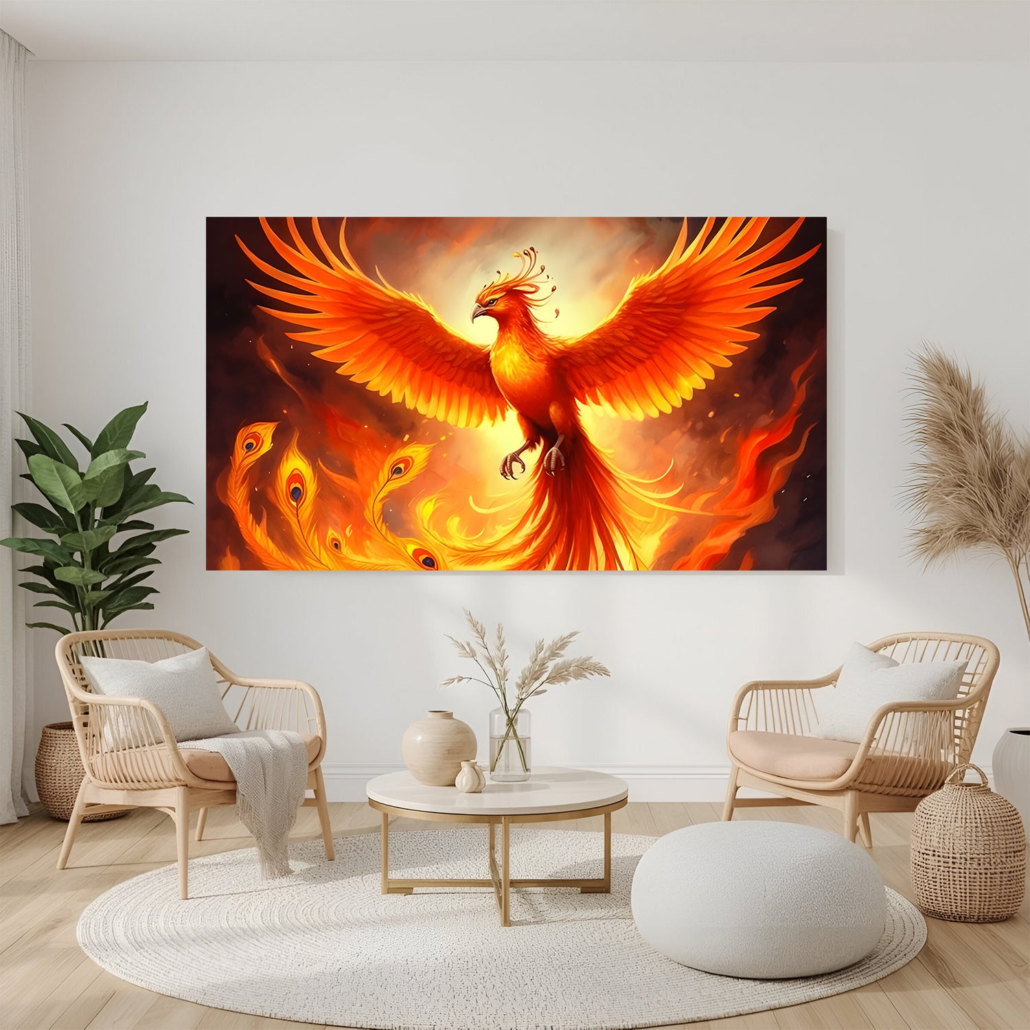 Large panoramic fiery phoenix wall art with glowing orange wings rising from flames.