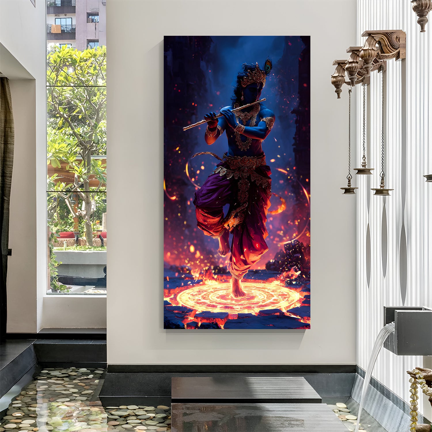 Lord Krishna playing flute standing on fiery lotus mandala canvas wall art in canvas wrapped frame