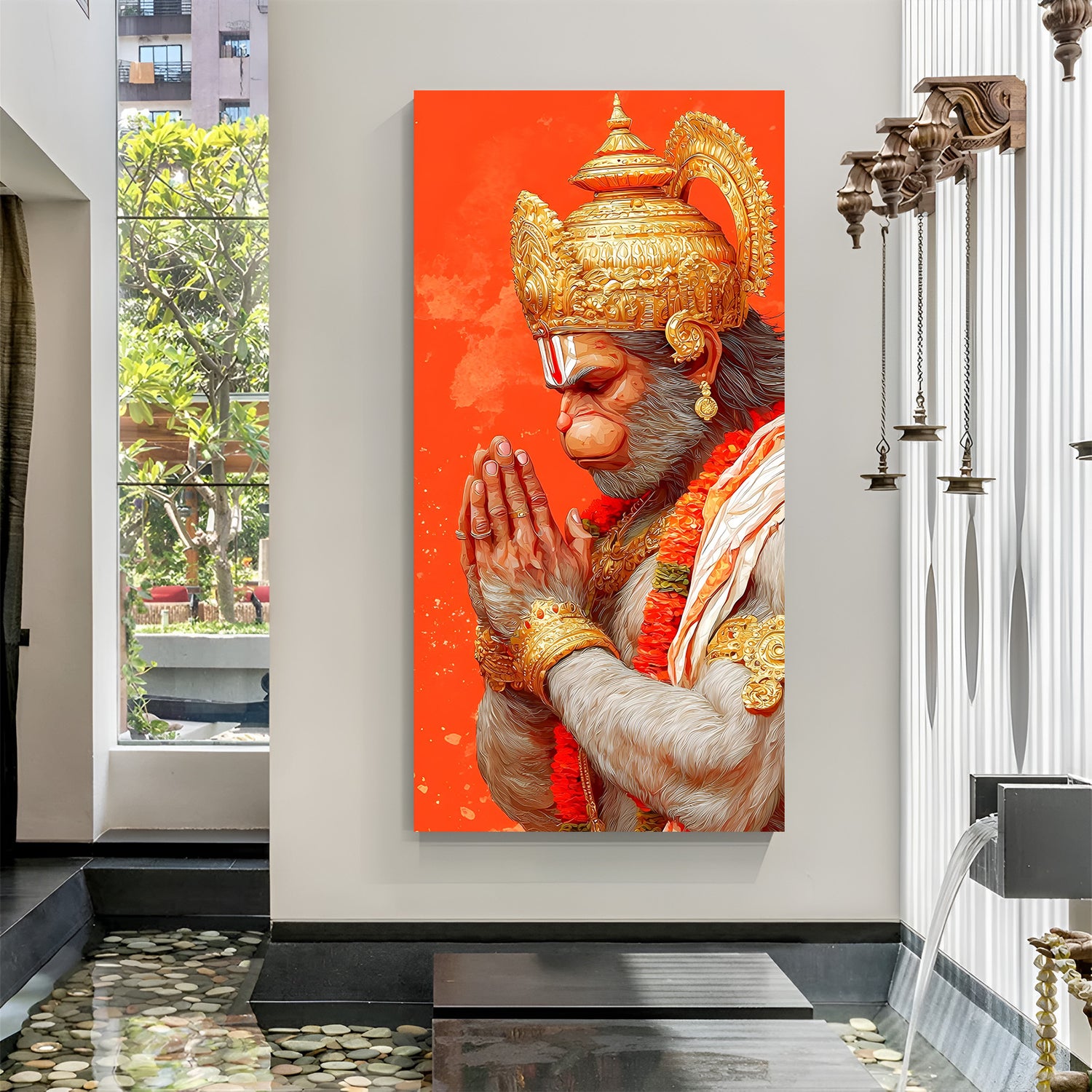 Lord Hanuman side pose canvas wall art with blessing hand gesture in premium canvas wrapped frame
