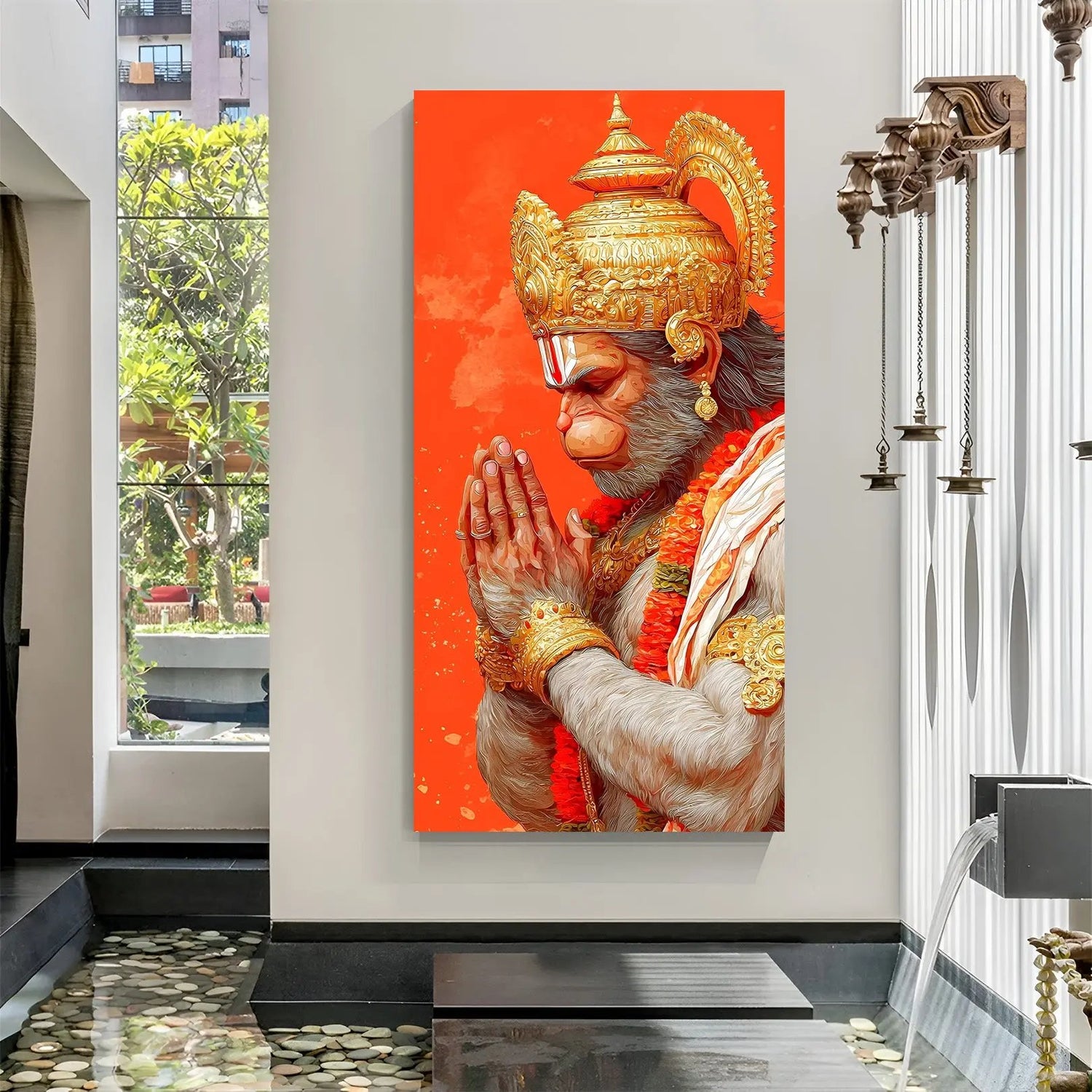 Lord Hanuman side pose canvas wall art with blessing hand gesture in premium canvas wrapped frame