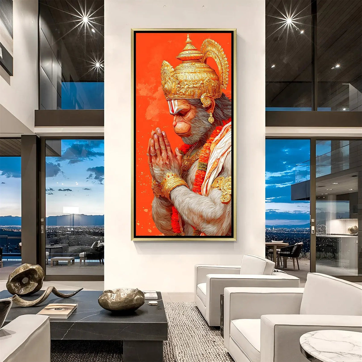 Blessed Guardian Hanuman artwork in luxury golden floater frame featuring sacred hand gesture