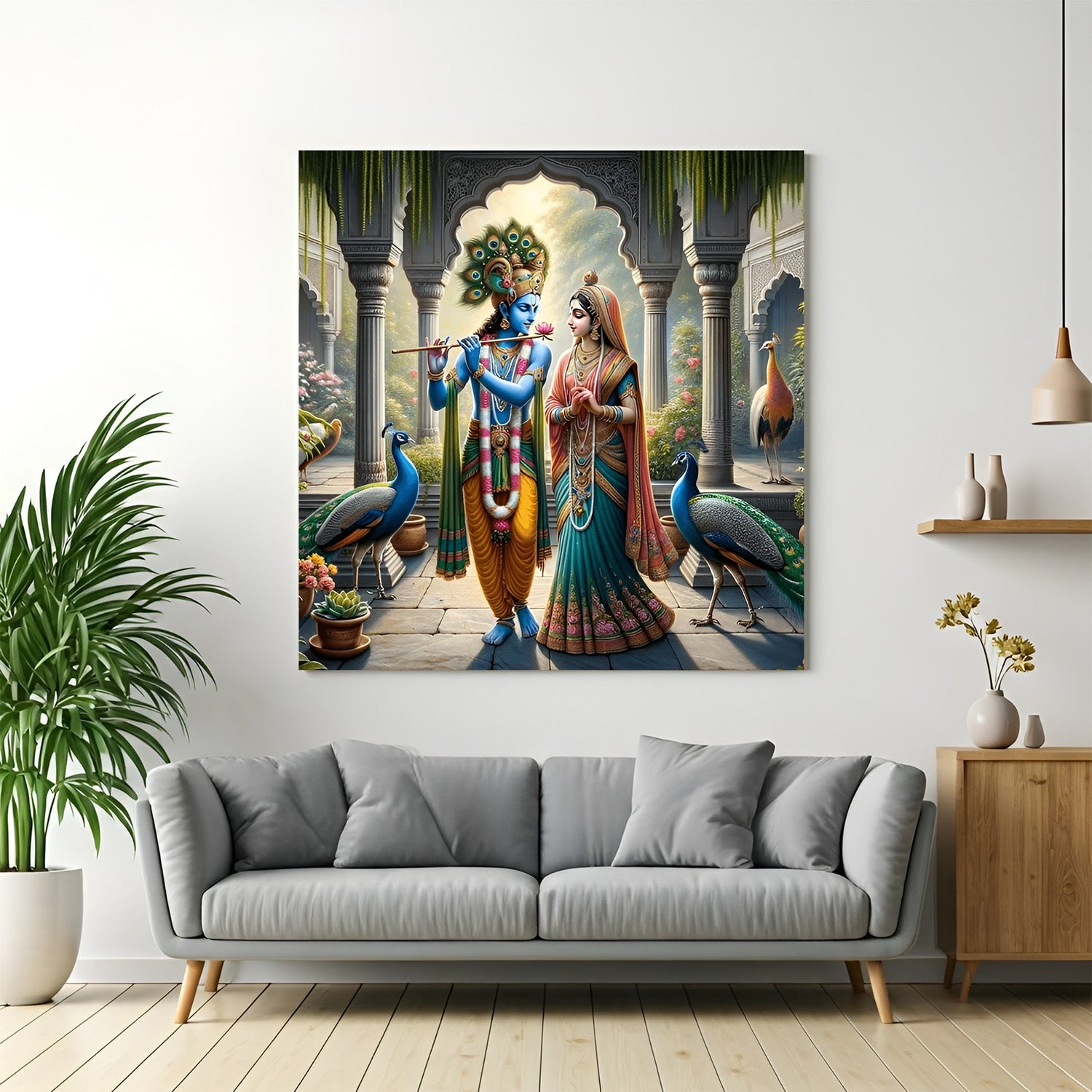 Blessed Radha Krishna canvas painting for home wall decor with Vastu benefits and divine love symbolism