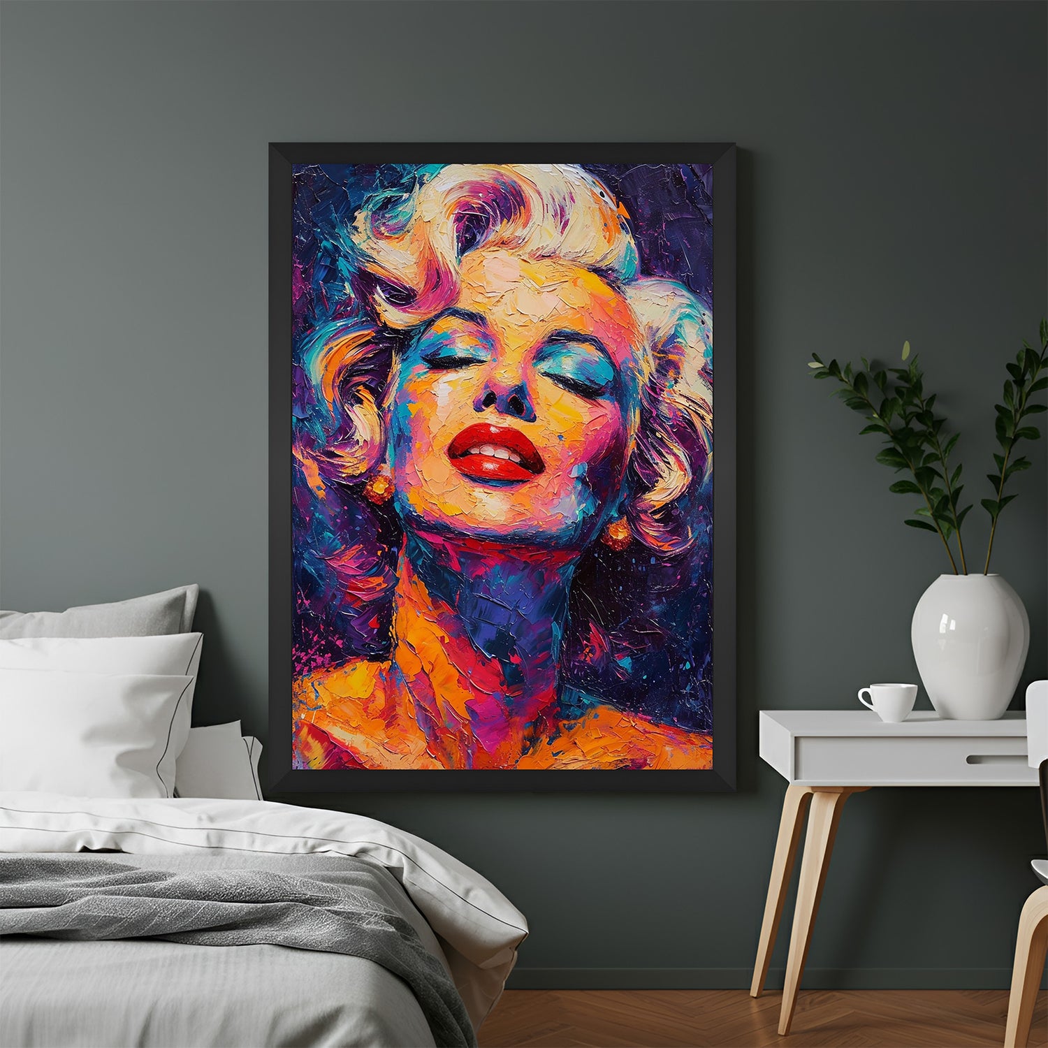 Canvas art of blonde woman in abstract style with black floater frame for modern decor