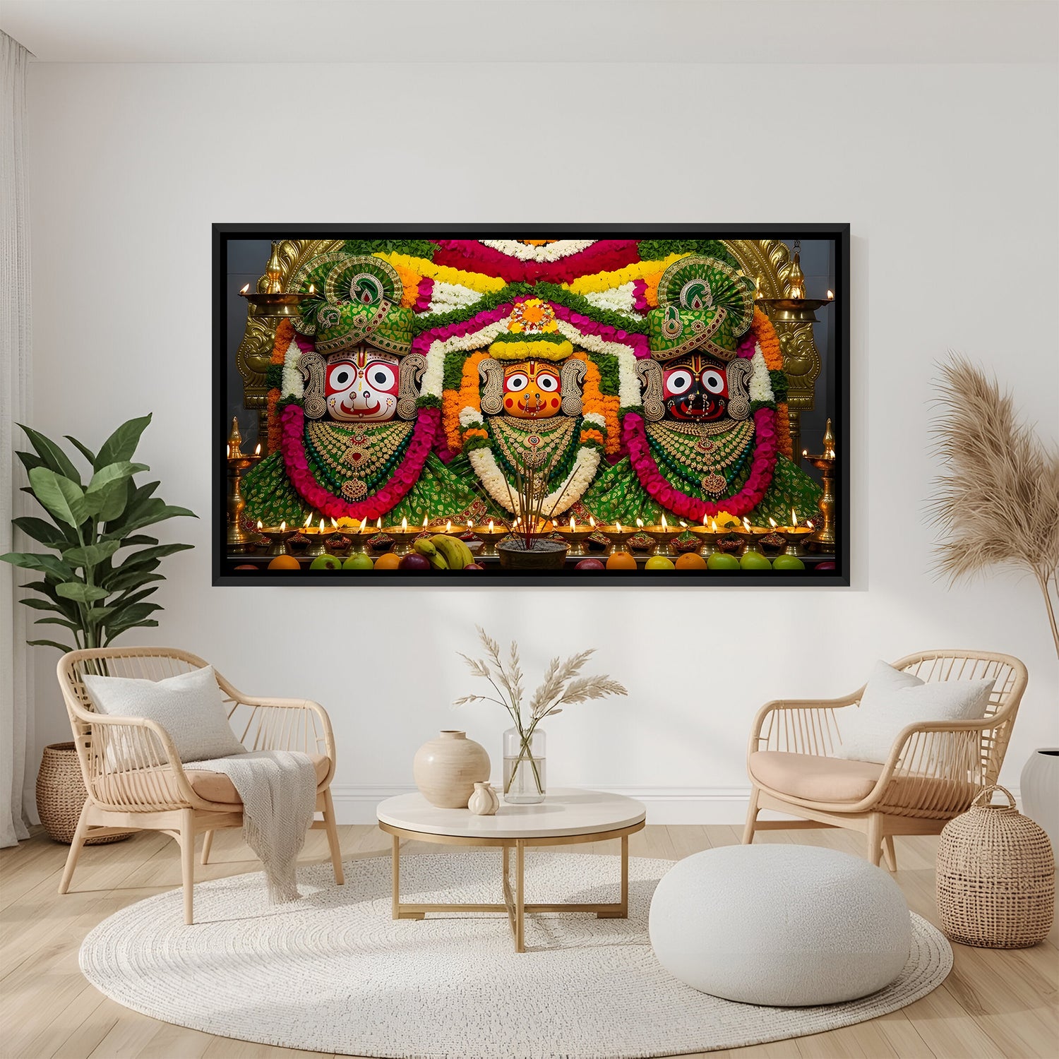 Floral Lord Jagannath artwork with colorful devotional decorations in elegant black floater frame