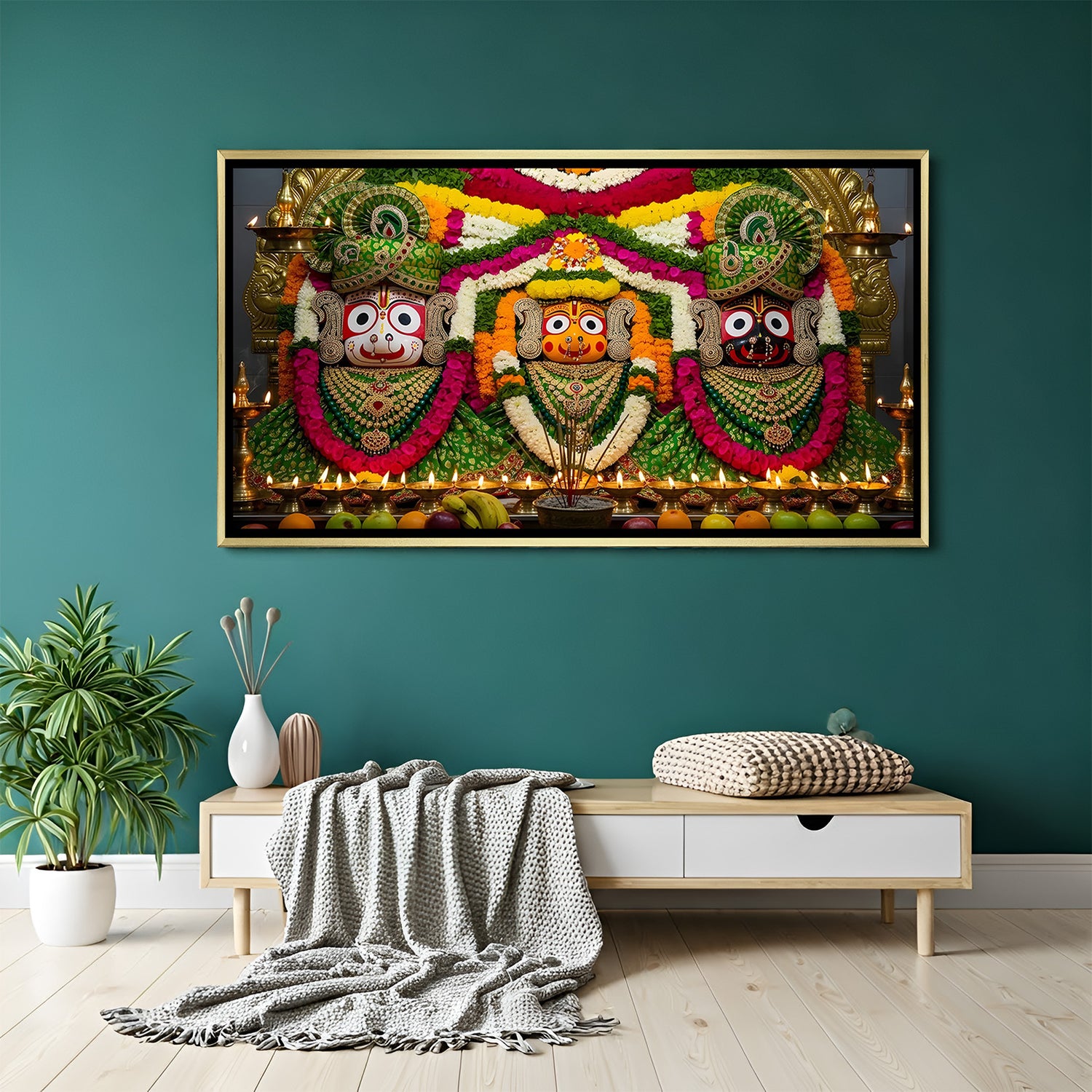 Blooming Devotion Jagannath artwork in luxury golden floater frame featuring sacred floral adornments