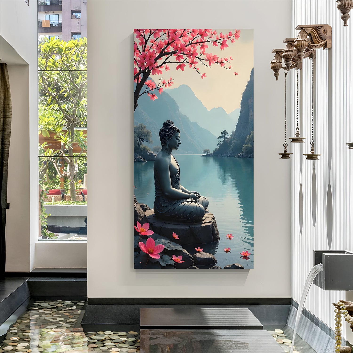 Blossom River Buddha canvas painting with scenic spiritual artwork in canvas wrapped frame