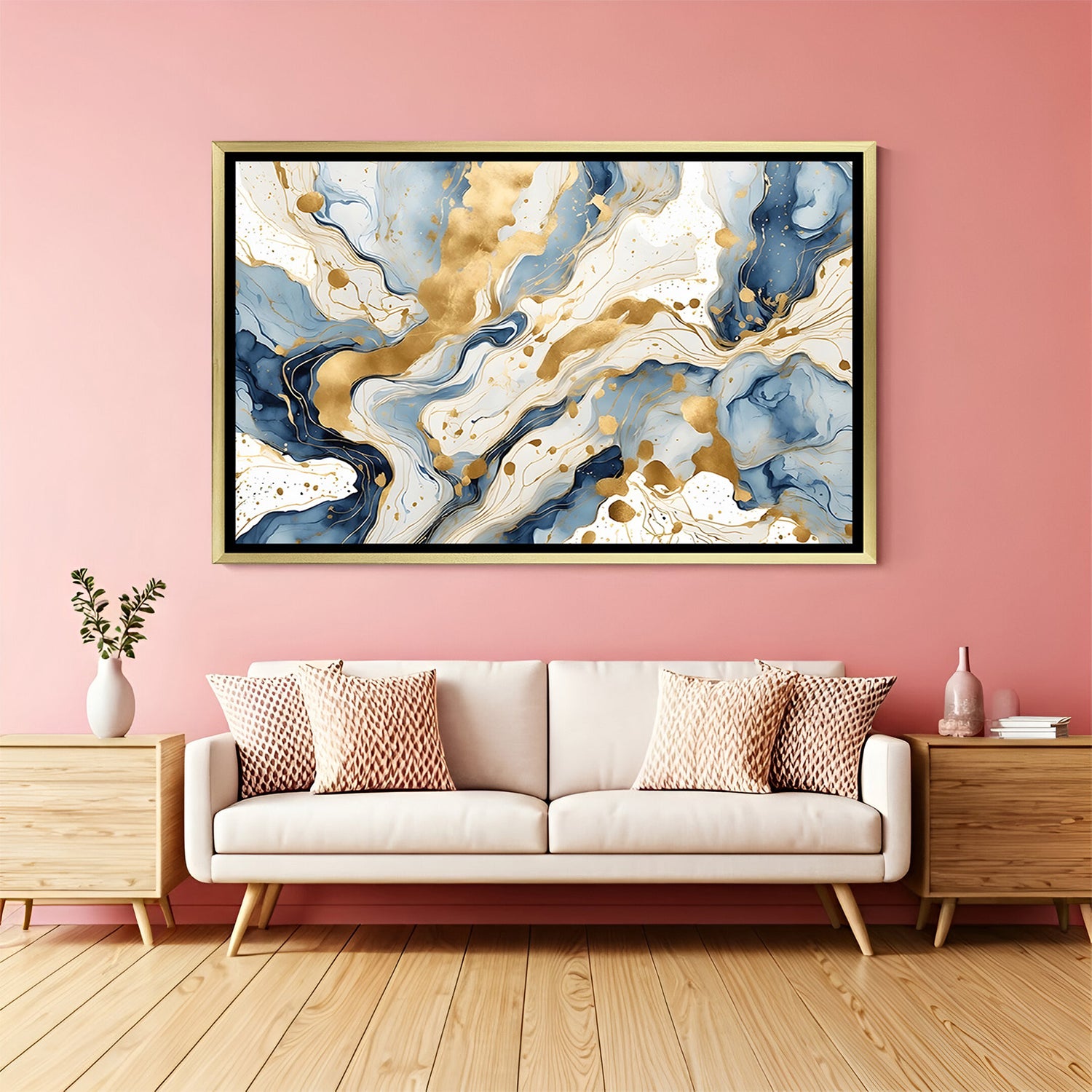 Premium blue and gold marble abstract canvas wall art in golden frame for luxury interiors