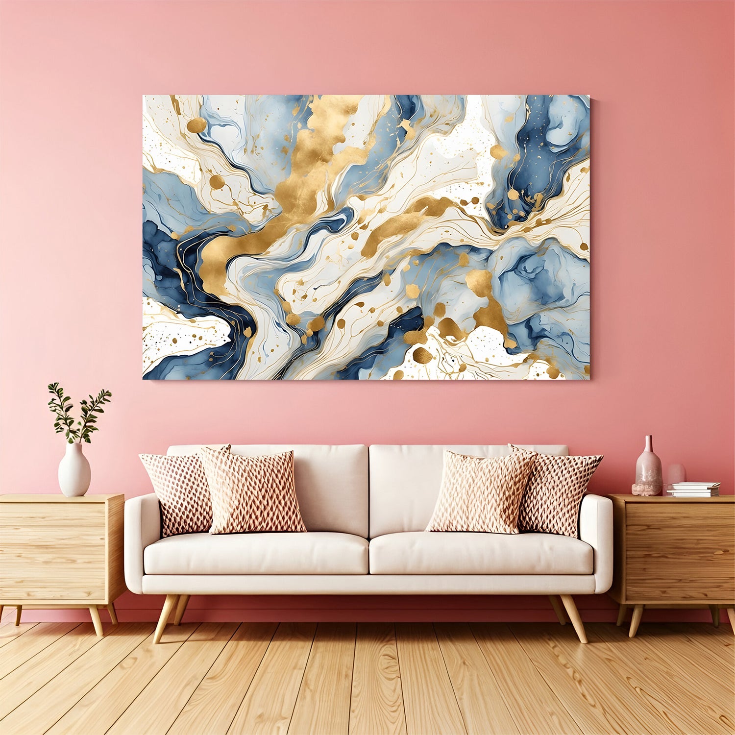 Luxury blue and gold abstract canvas wall art with marble texture design displayed above sofa in modern living room