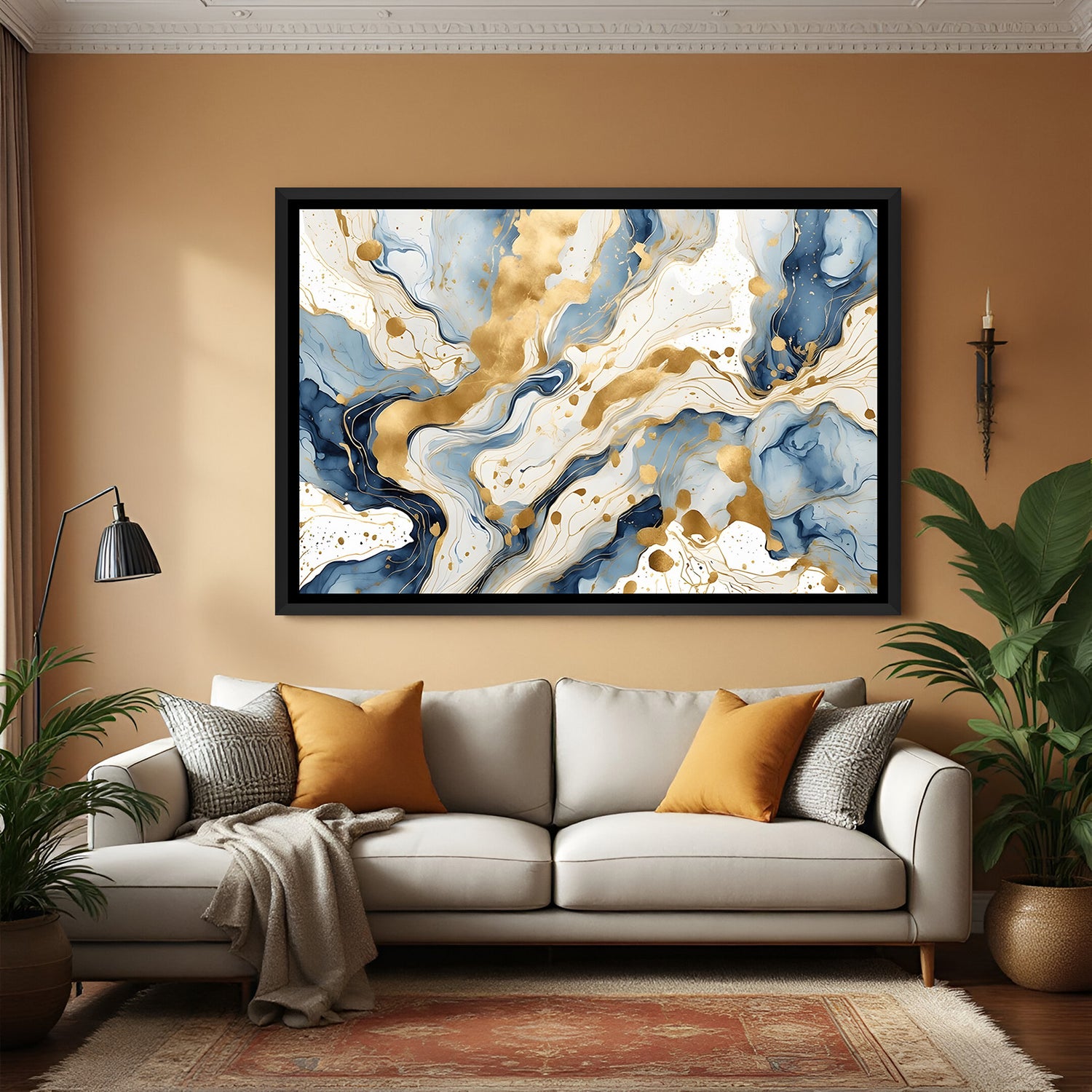 Elegant blue and gold fluid abstract painting in black frame for contemporary home decor