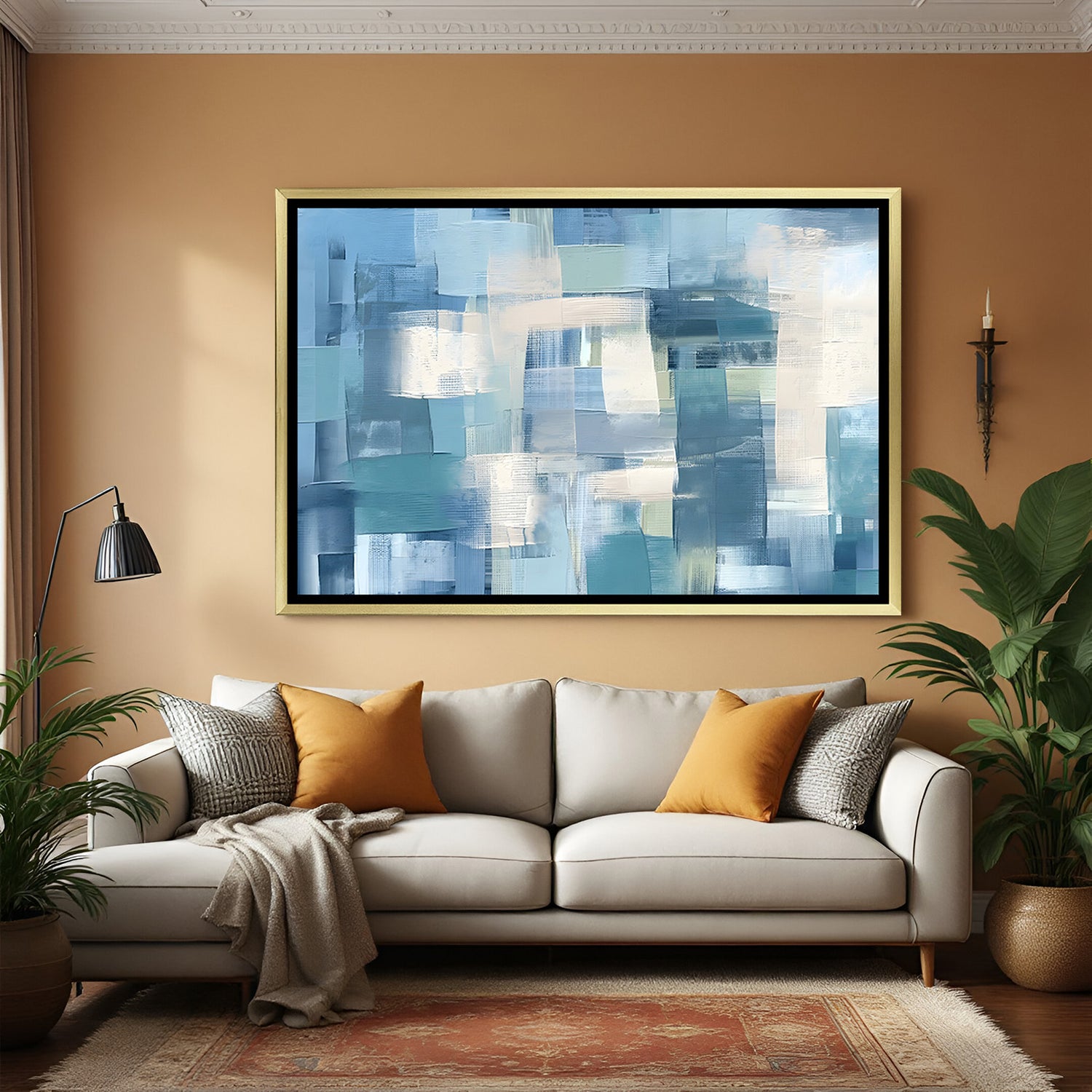 Elegant blue abstract textured wall art with golden frame for luxury interiors