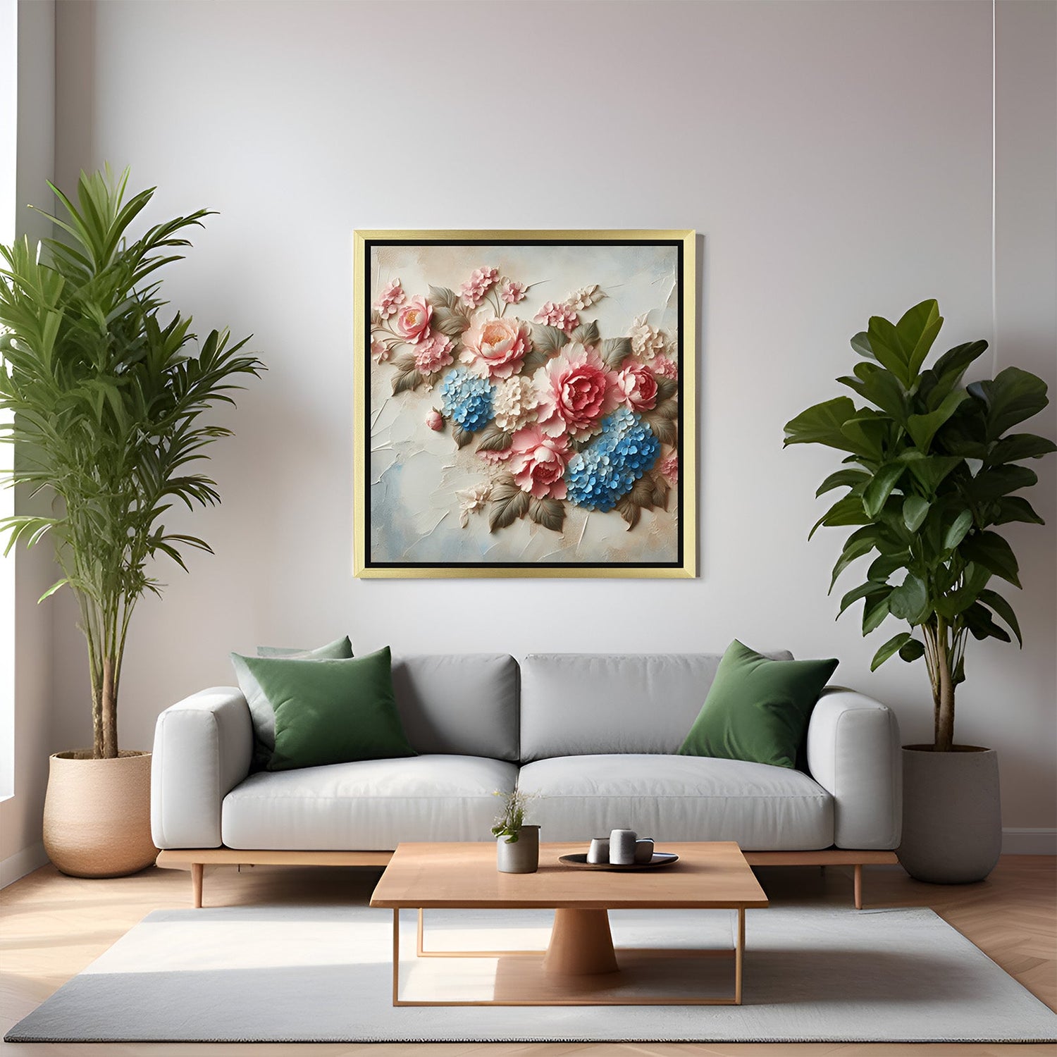 Golden-framed canvas art of pink and blue floral arrangement with leaves, ideal for adding soft charm to home or office interiors
