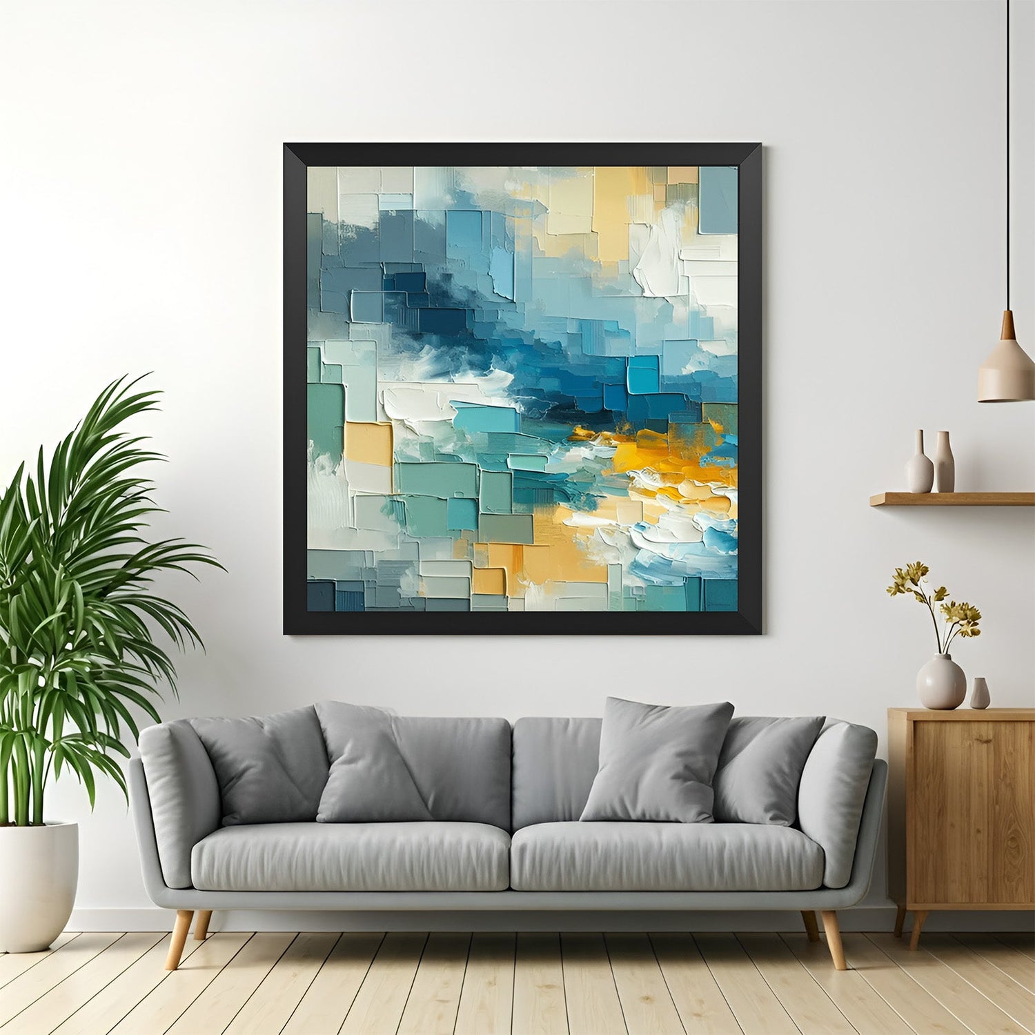 Geometric blue abstract canvas art with black frame – modern rectangles in blue shades for abstract wall decor