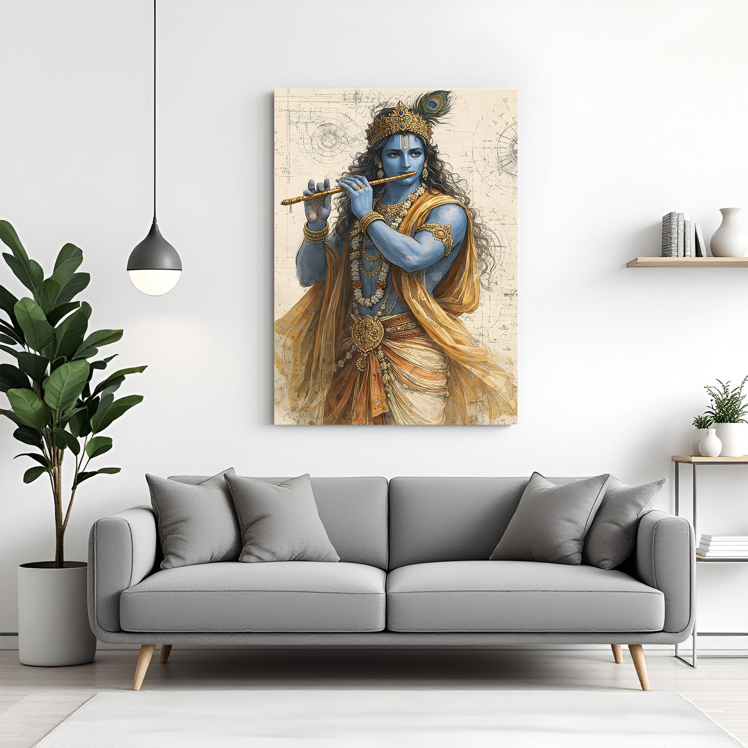 Lord Krishna playing flute canvas wall art with technical sketch background in premium canvas wrapped frame