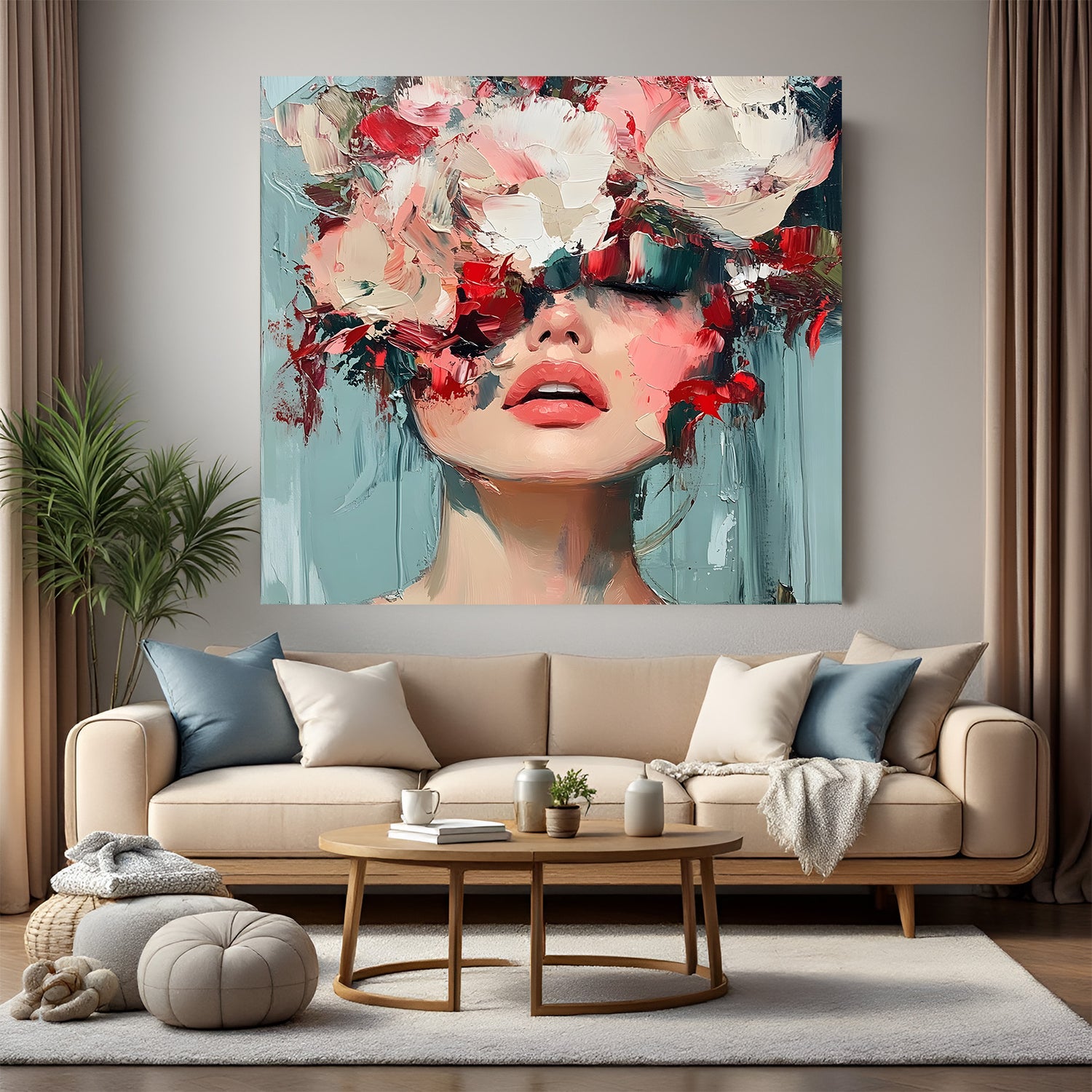 Square contemporary floral portrait canvas featuring abstract blossoms covering a woman’s eyes in blush and red tones.