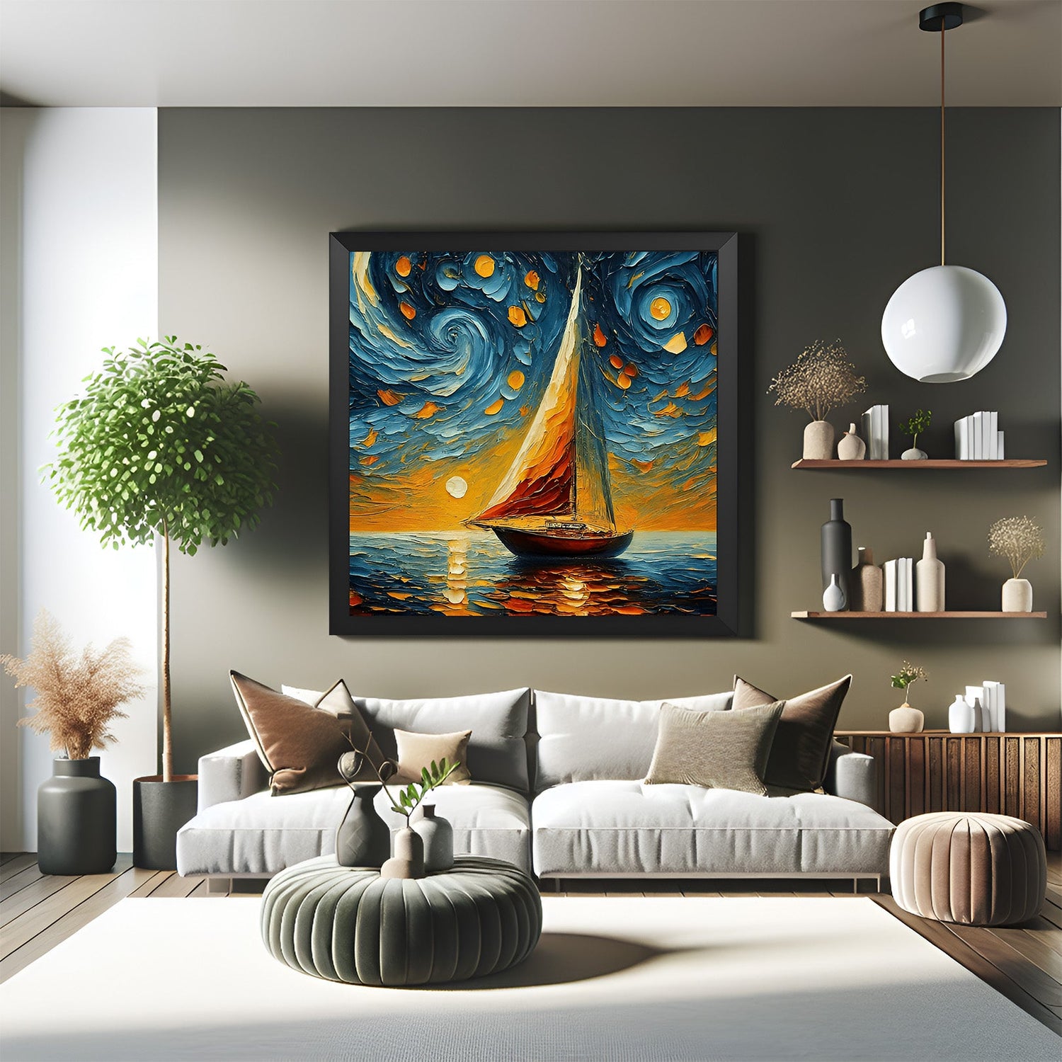 Black frame canvas art showing boat at night under abstract circular sky – elegant and moody wall decor for modern homes