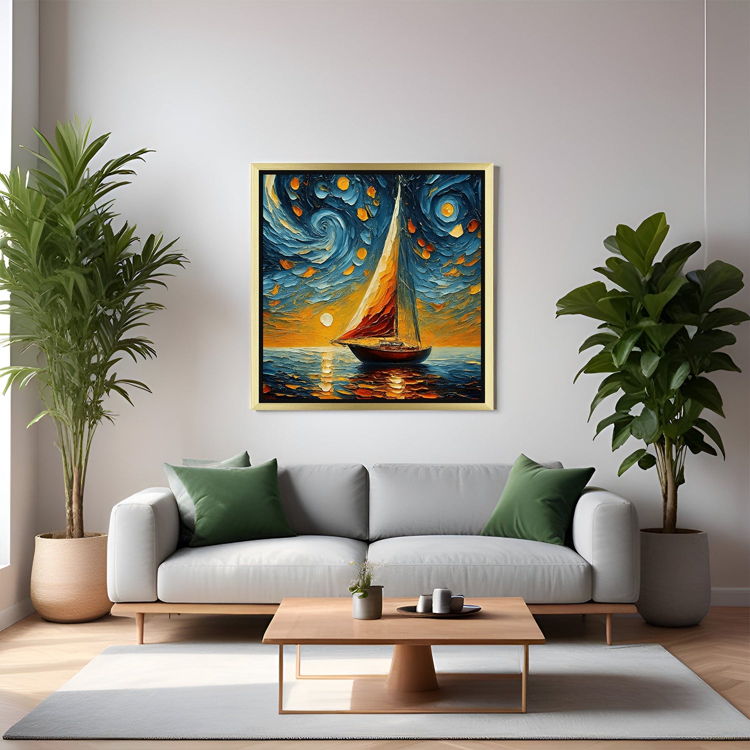 Golden frame abstract boat canvas print – night scene with swirling sky for artistic and premium wall styling