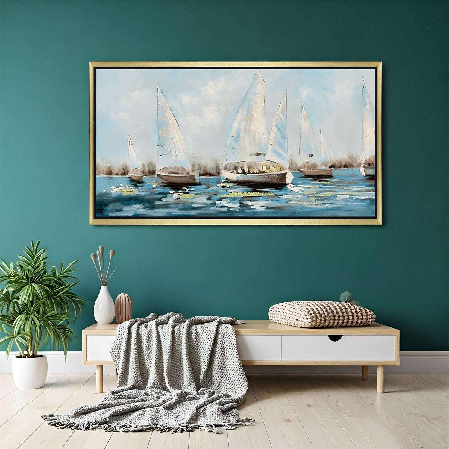 Golden frame abstract wall art – boats floating on water in a serene, painted canvas for home decor