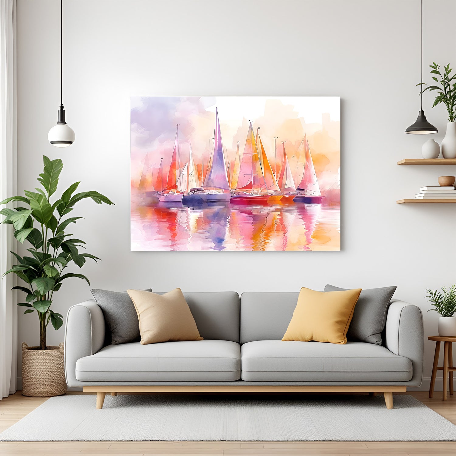 Boats on wavy water abstract wall art – canvas painting with ripple effect and floating boats in expressive painted brushstroke style