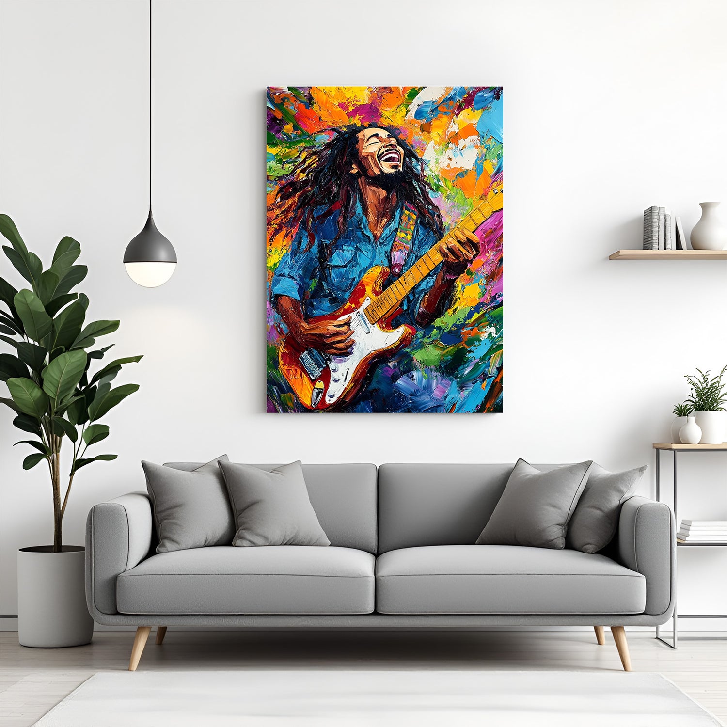 Canvas wall art of Bob Marley playing guitar and singing in a bold, colorful, abstract design