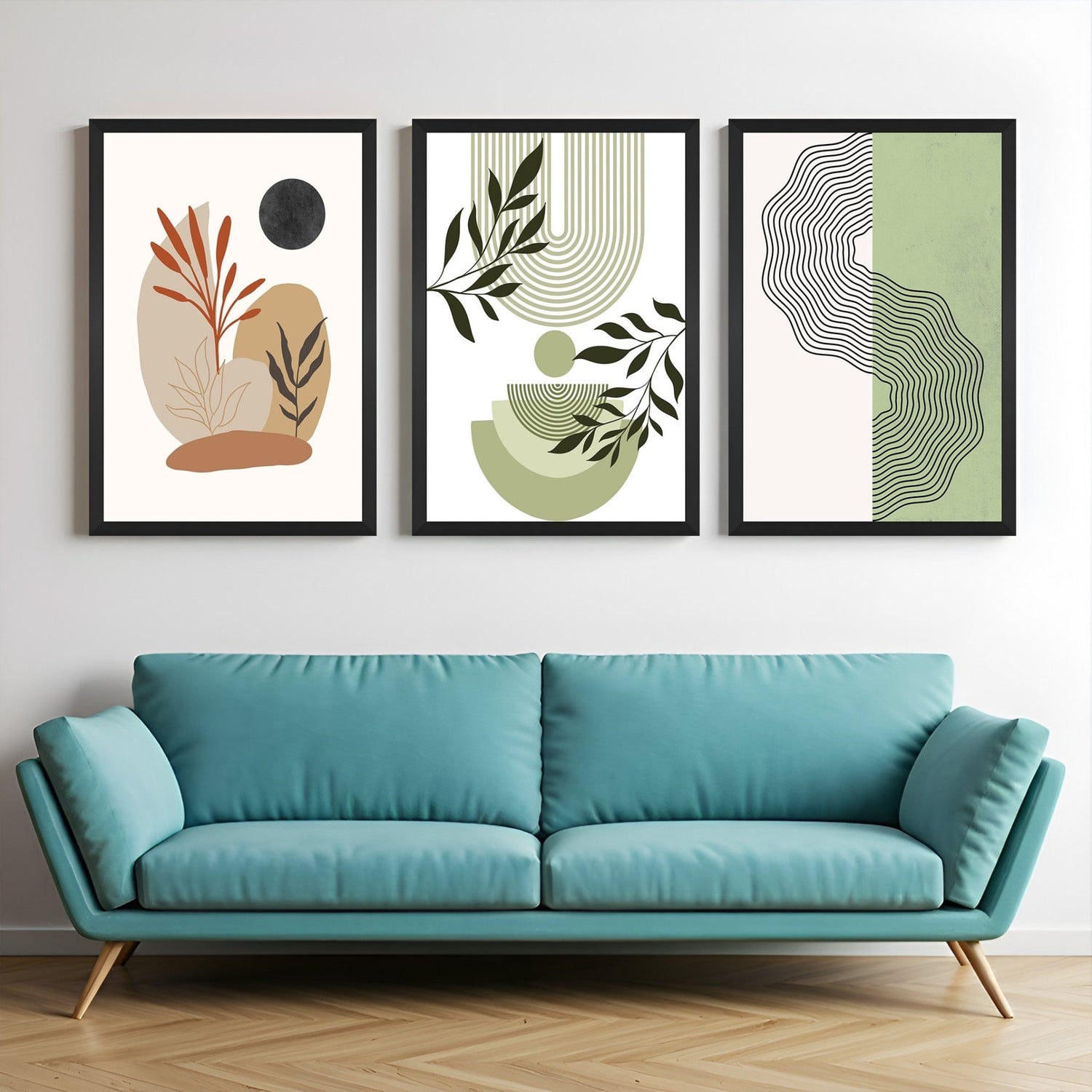Set of 3 bohemian wall art prints featuring abstract earthy shapes and minimal line designs – perfect canvas decor for modern rustic or boho interiors