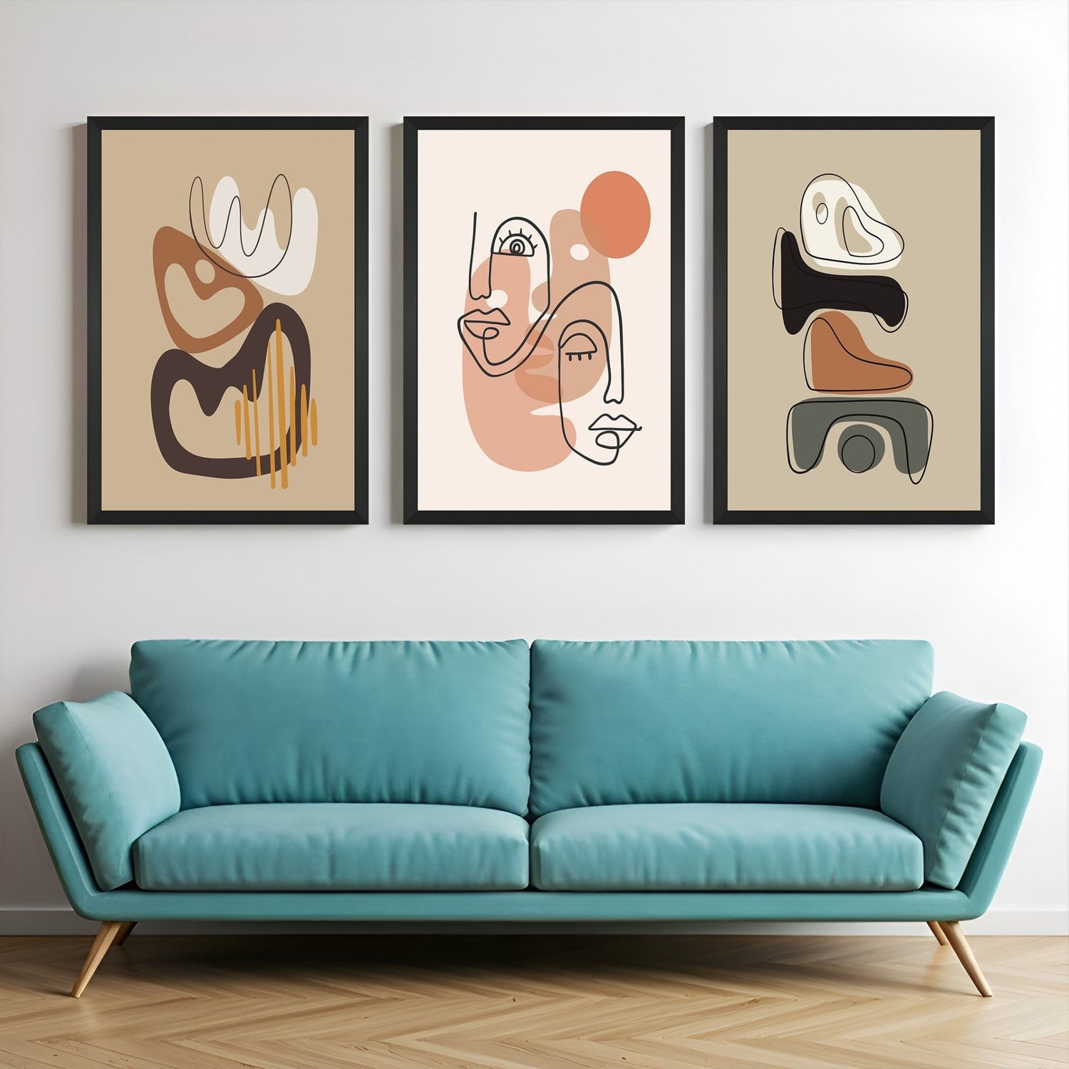 Bohemian abstract wall art set of 3 with earthy tones and minimal shapes – perfect canvas prints for calming, artistic boho interiors