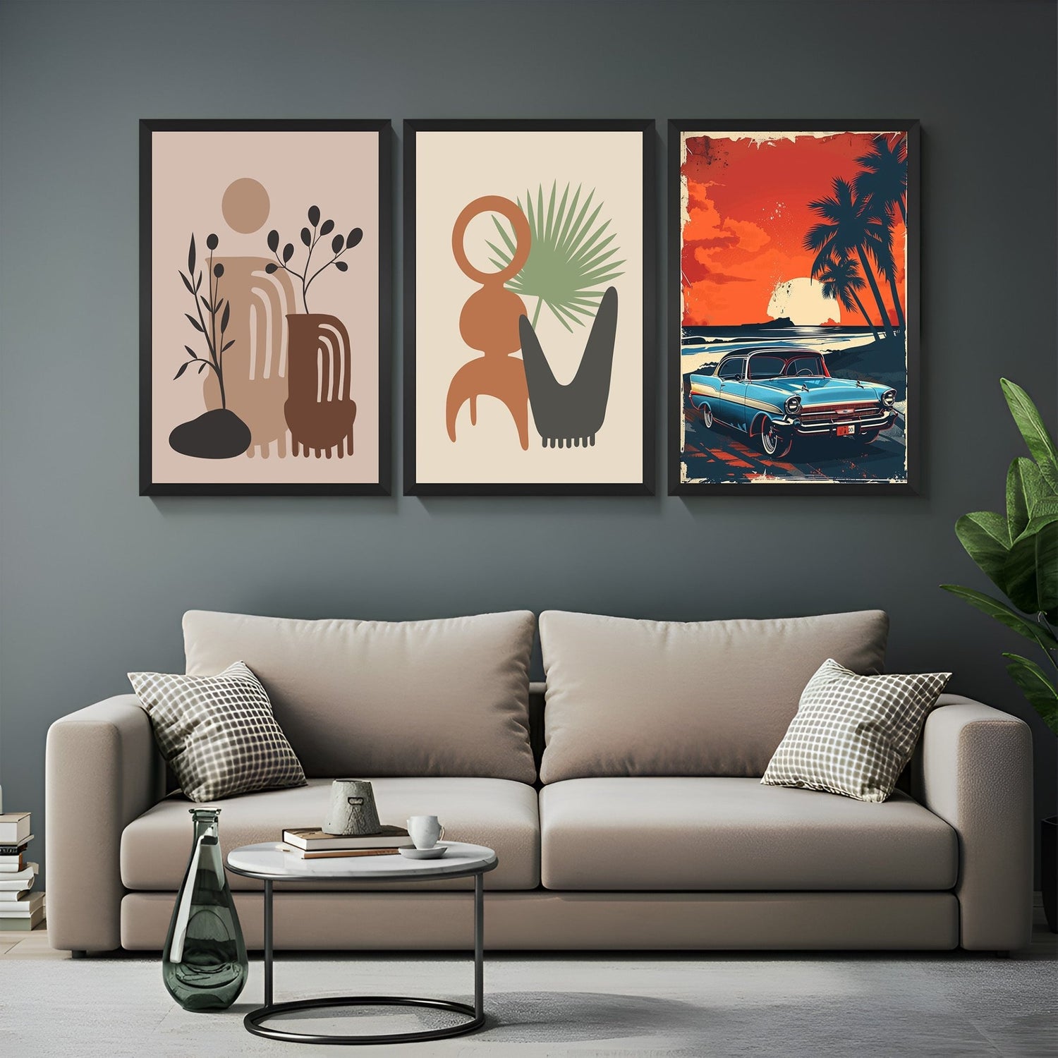 Set of 3 bohemian wall art prints featuring two earthy abstract pieces and a car in Hawaii animated-style scene – perfect for travel-inspired boho decor