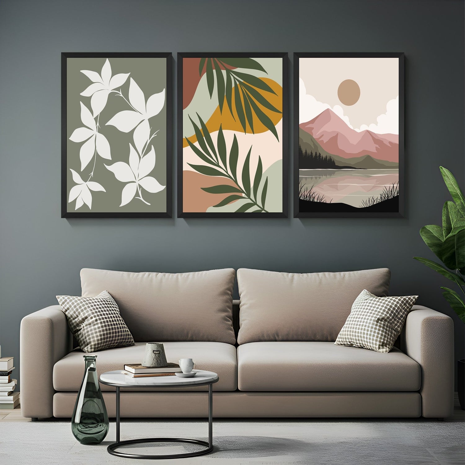 Bohemian canvas wall art trio with floral, scenic, and abstract artwork – nature-inspired set of 3 for warm, peaceful interiors
