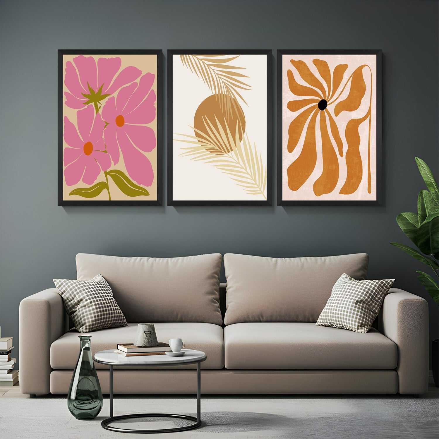 Set of 3 boho canvas prints with pink floral trio, clean minimal design, and botanical print – ideal for romantic and modern decor