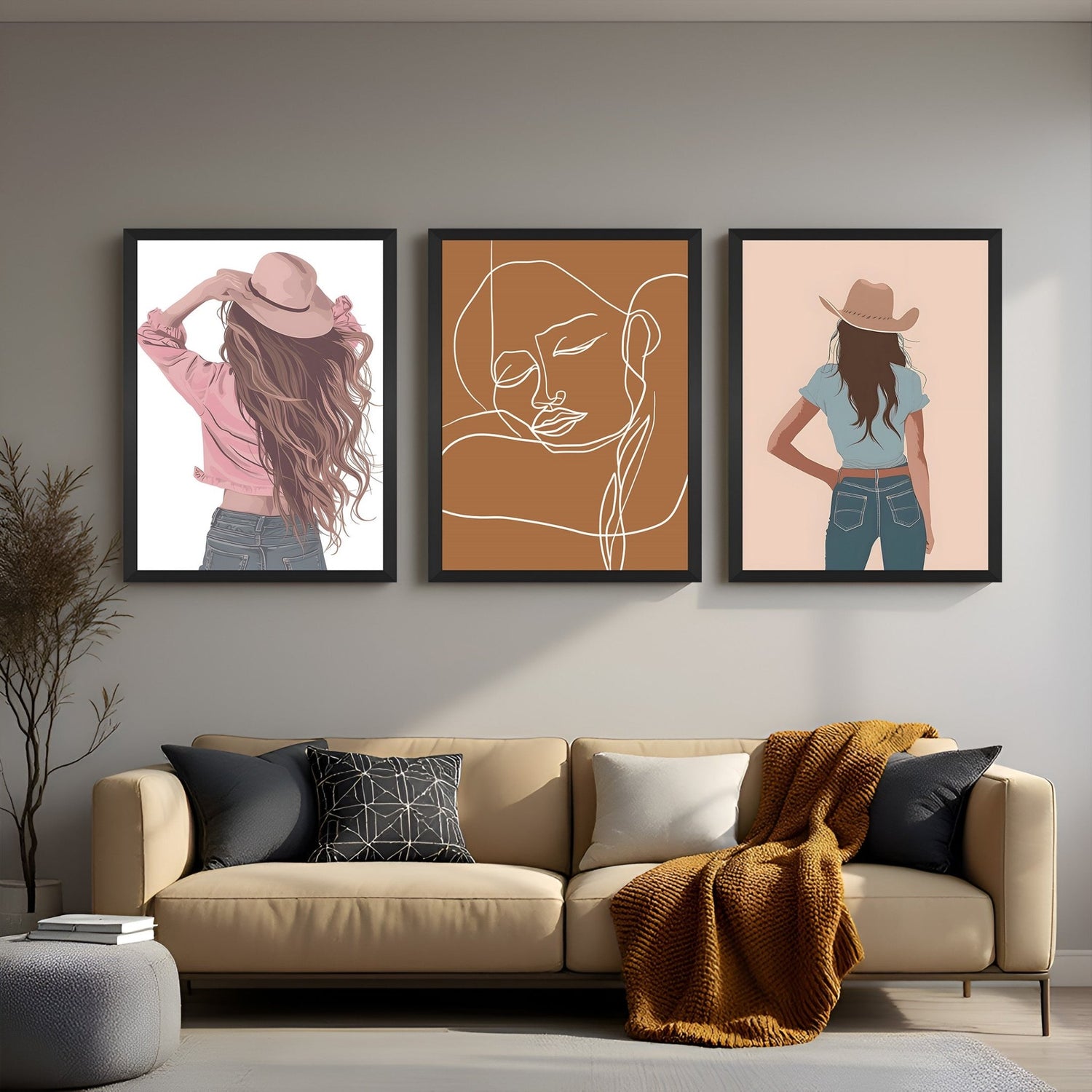Set of 3 bohemian girl wall art prints featuring a girl with hat from the back, minimal line art face, and stylish cowgirl illustration – perfect for modern decor