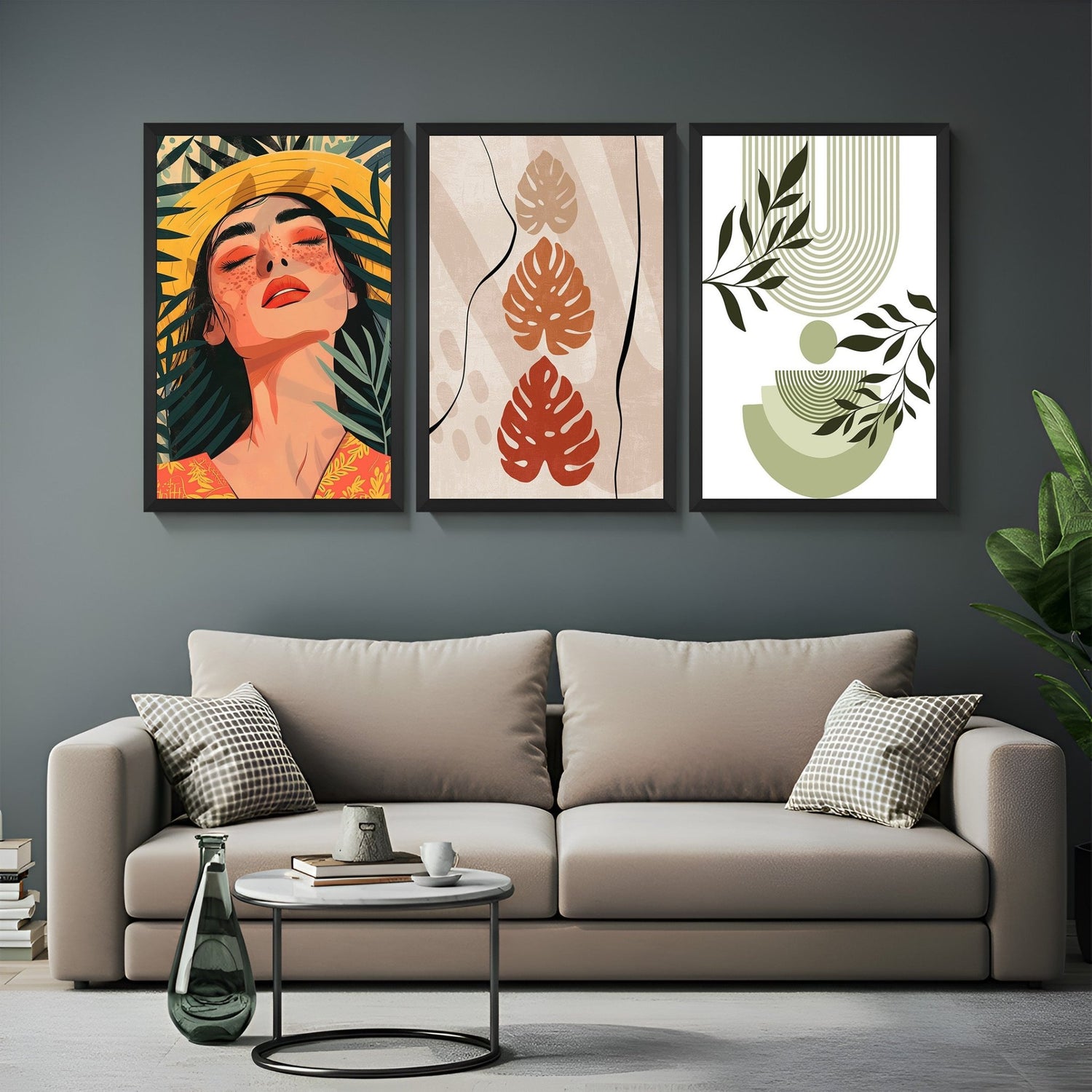 Boho wall art set of 3 with bohemian girl artwork, earthy tone abstract print, and green minimalist Gen Z canvas – for calm modern decor