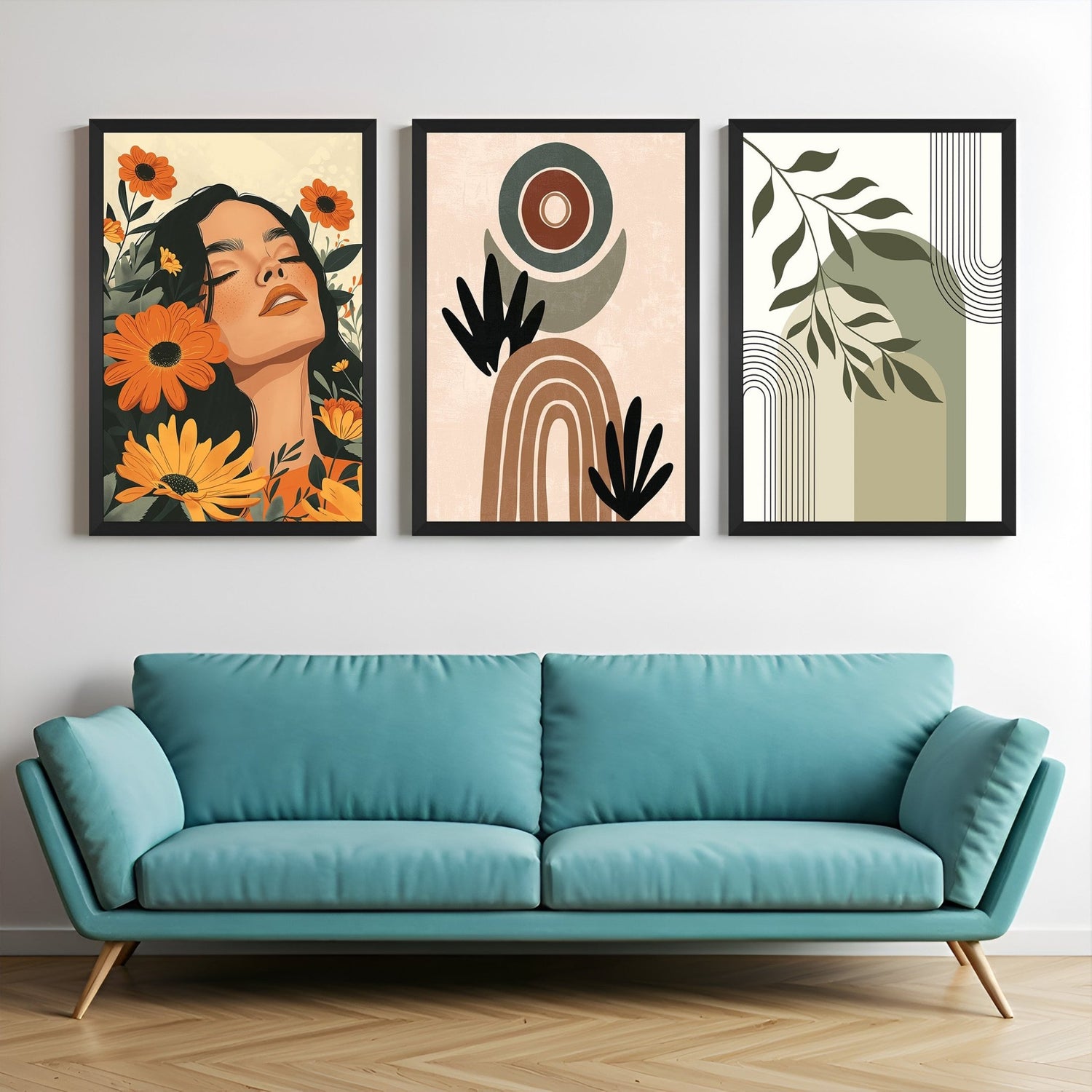Set of 3 canvas prints with boho girl, simple boho-style art, and green minimal design – perfect for trendy, calm living spaces
