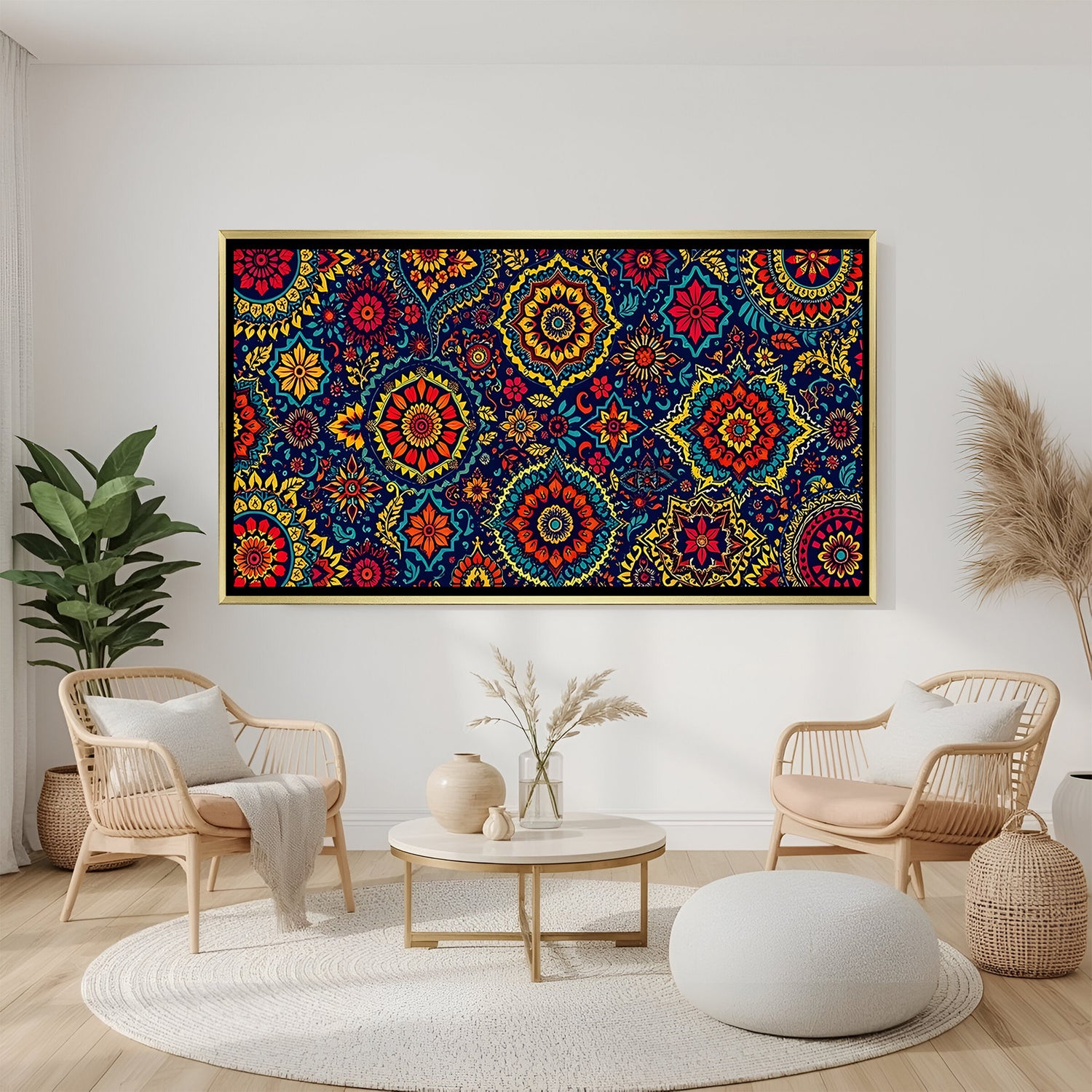 Mandala wall art in luxury golden floater frame with colorful bohemian design