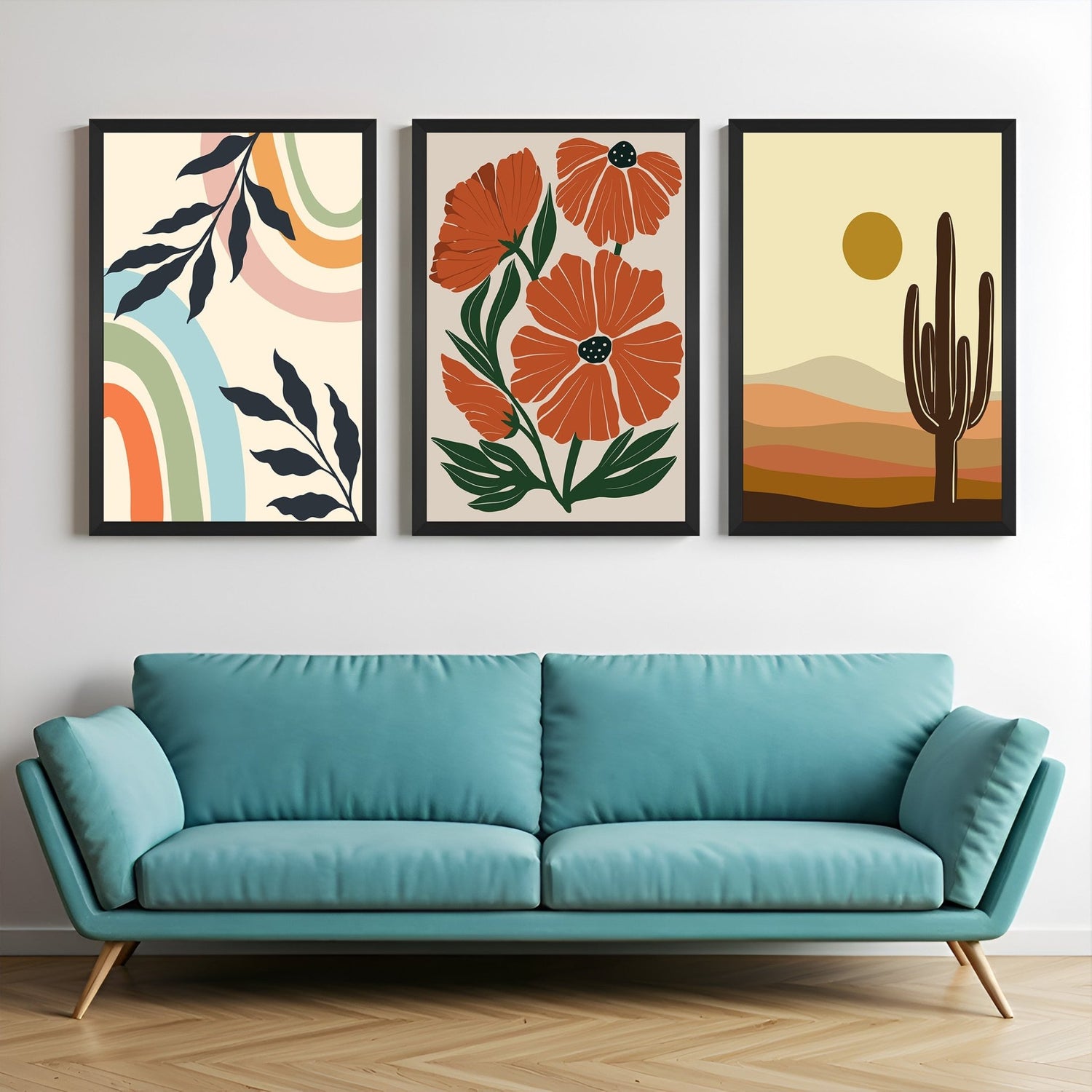 Set of 3 bohemian canvas prints with rainbow branch, floral art, and cactus with sun – earthy and serene home decor trio