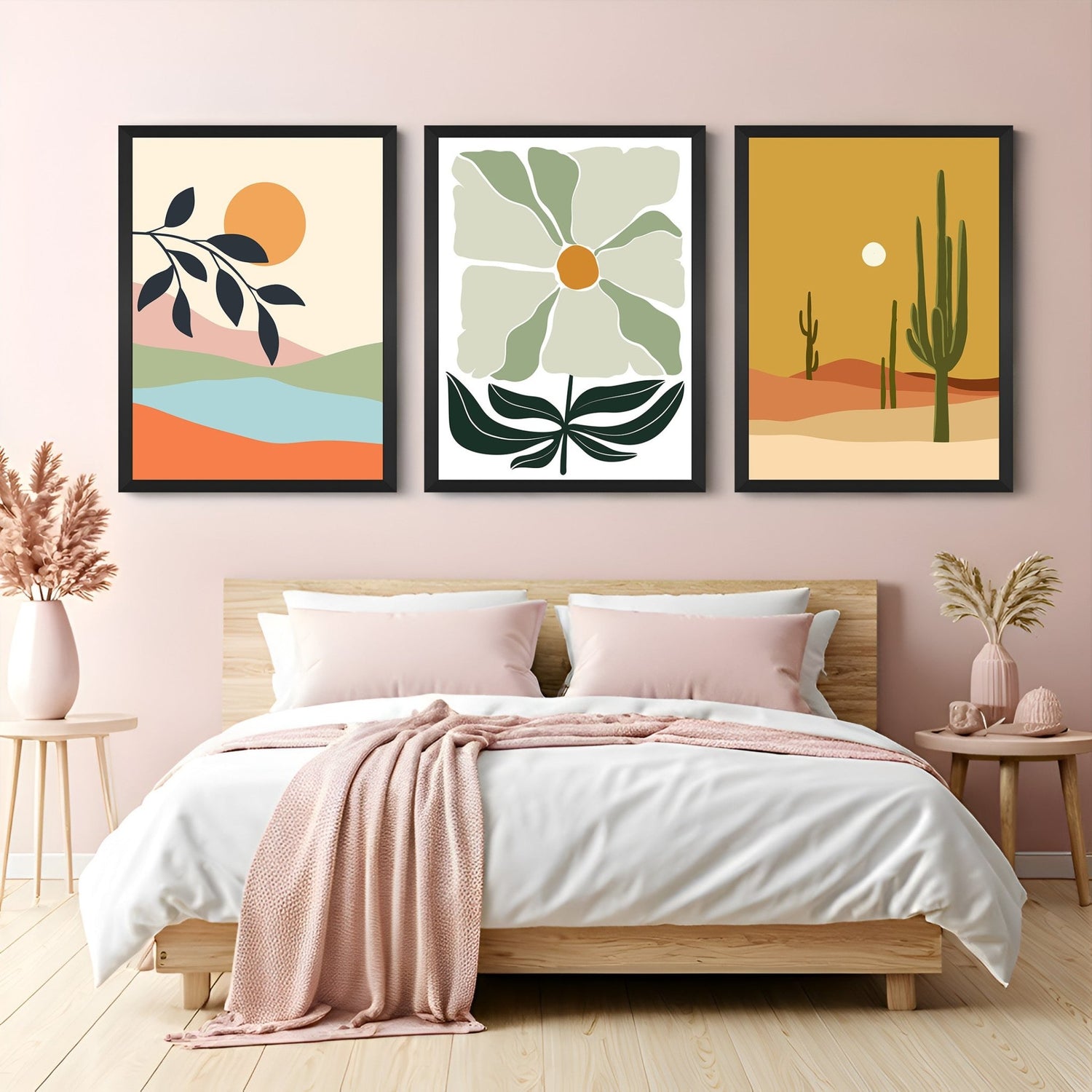 Boho canvas wall trio with abstract scenic art, soft green floral design, and desert-inspired cactus print – perfect for warm and natural spaces