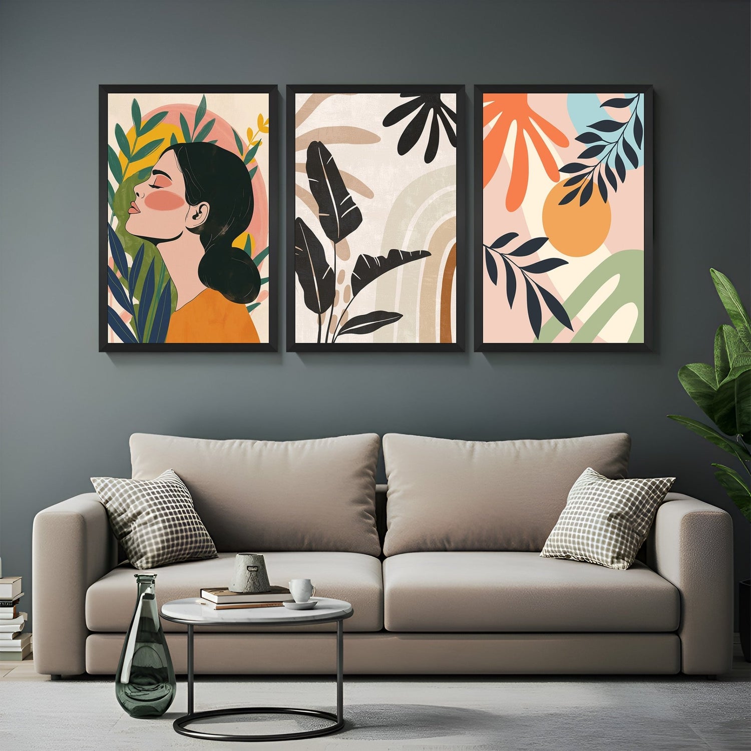 Set of 3 boho canvas prints with a lady artwork and two pastel abstract designs – calming, soft wall decor for stylish interiors