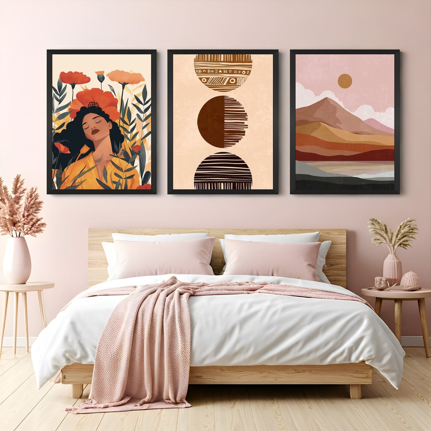 Canvas trio with boho-style girl artwork, minimalist abstract art, and nature-inspired mountain and sun – for stylish serene wall styling