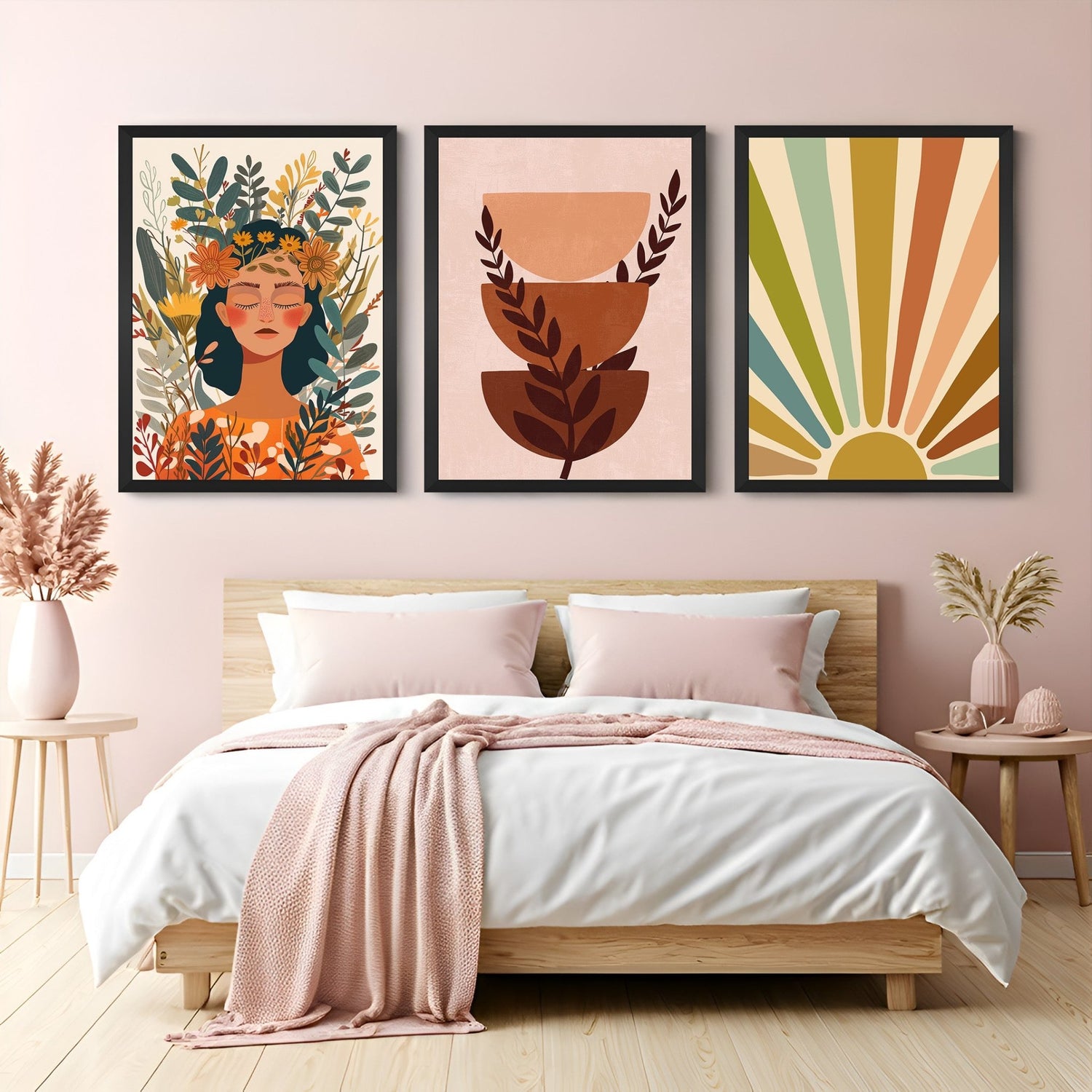Canvas trio with floral girl portrait, stacked semi-circle shapes with leaves, and rising sun design – ideal for warm boho-inspired wall decor
