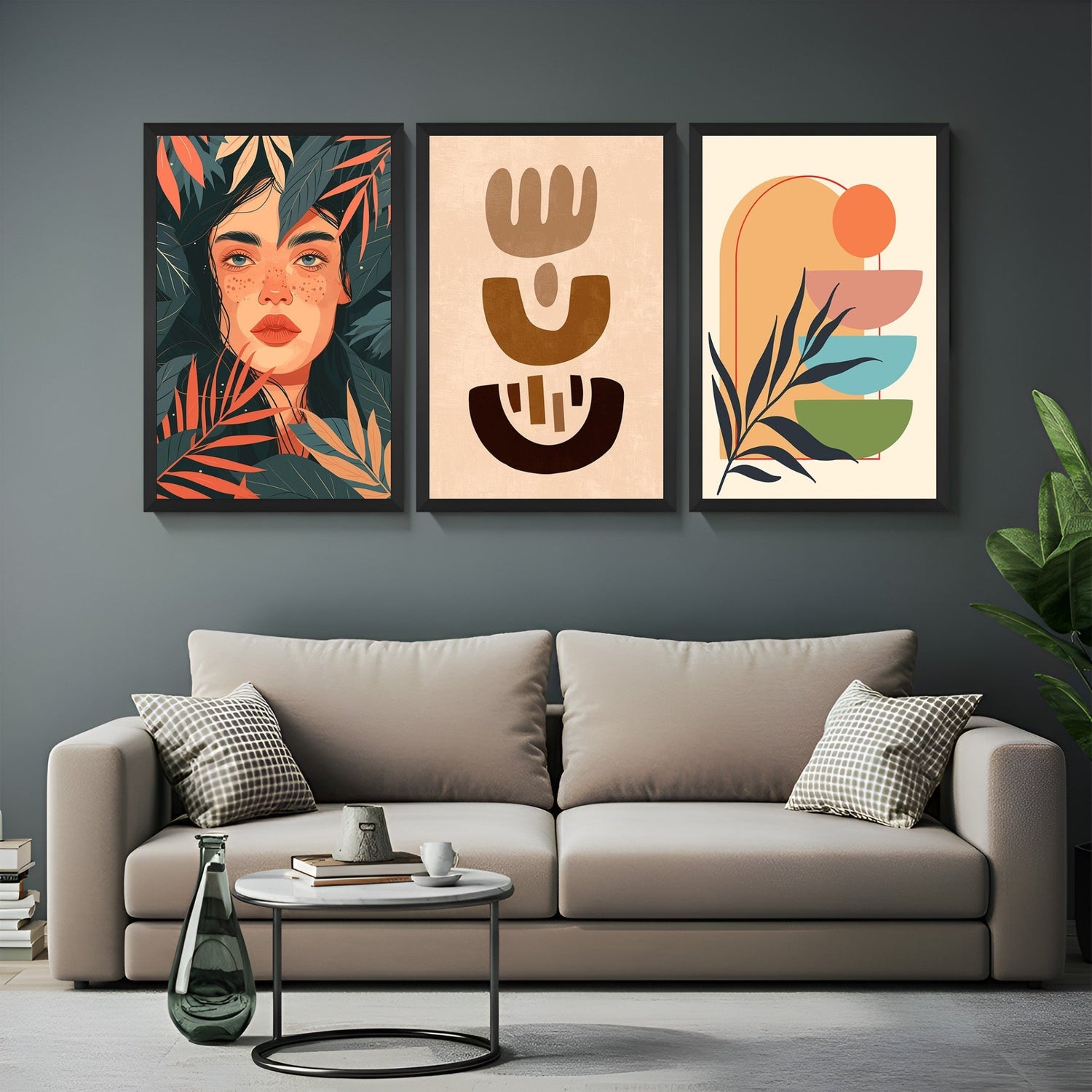 Set of 3 canvas prints with hidden face girl, minimal earthy shapes, and soft pastel abstract artwork – ideal for calm, artistic spaces