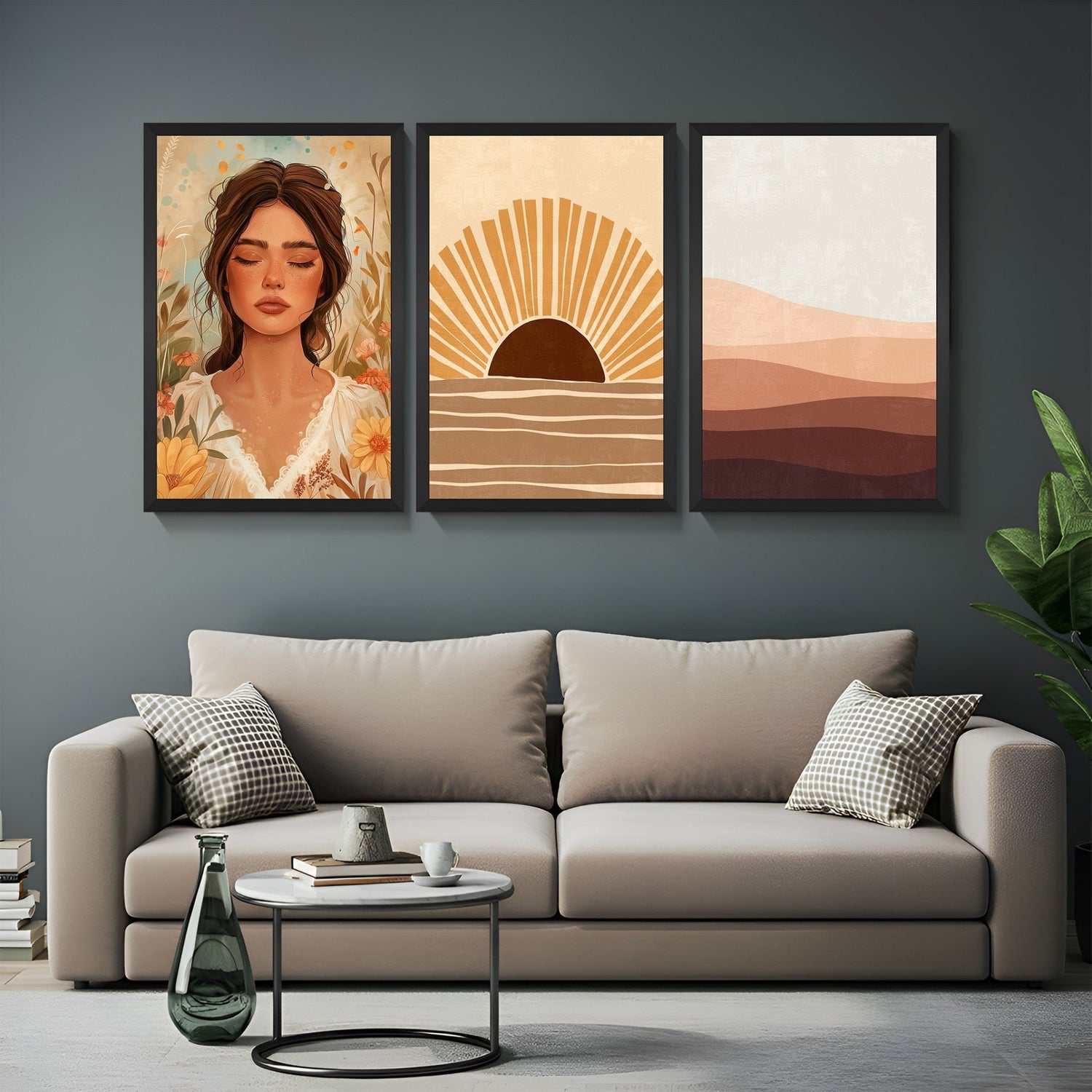 Set of 3 boho prints including feminine floral artwork, creative sun, and desert-inspired minimal piece – great for warm bohemian interiors