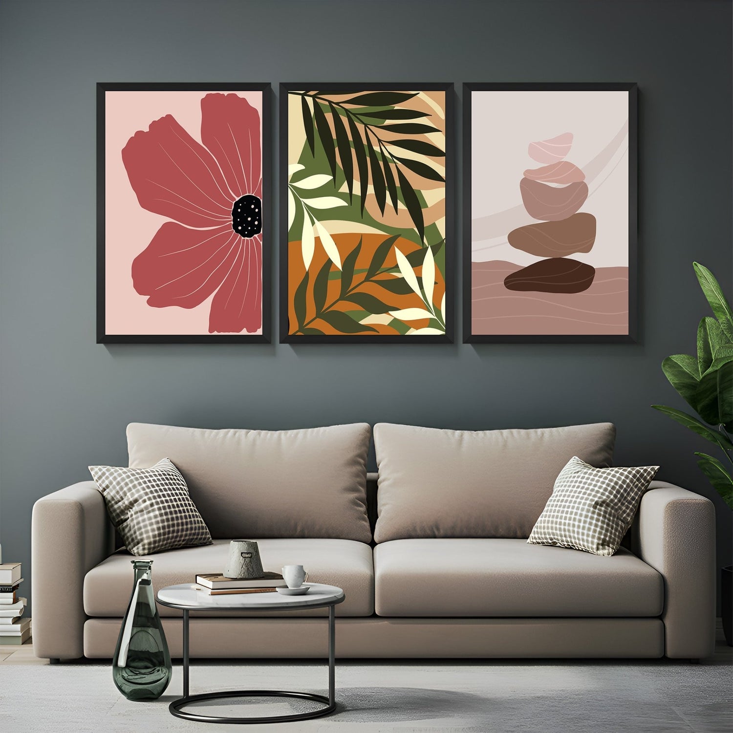 Boho canvas wall art trio with flower, botanical print, and stacked rock artwork – nature-themed set for modern bohemian decor