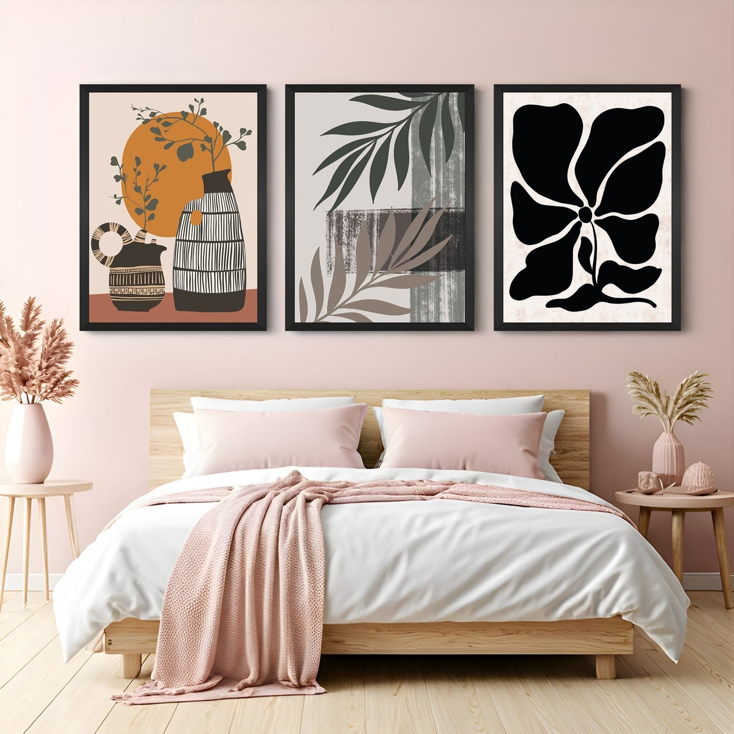 Boho canvas trio with two flower pots, abstract botanical leaf art, and monochrome flower print – calming, modern wall decor