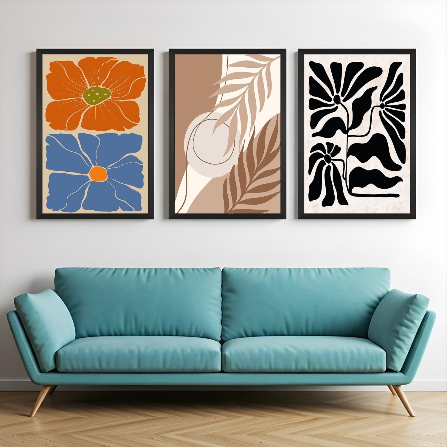 Set of 3 boho canvas prints with red/blue florals, brown-toned abstract, and monochrome flower – modern earthy wall decor