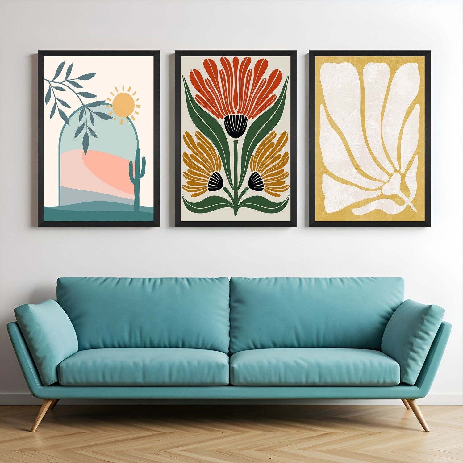 Set of 3 boho canvas prints featuring a desert landscape, artistic floral design, and minimal flower print – perfect for warm, nature-inspired spaces