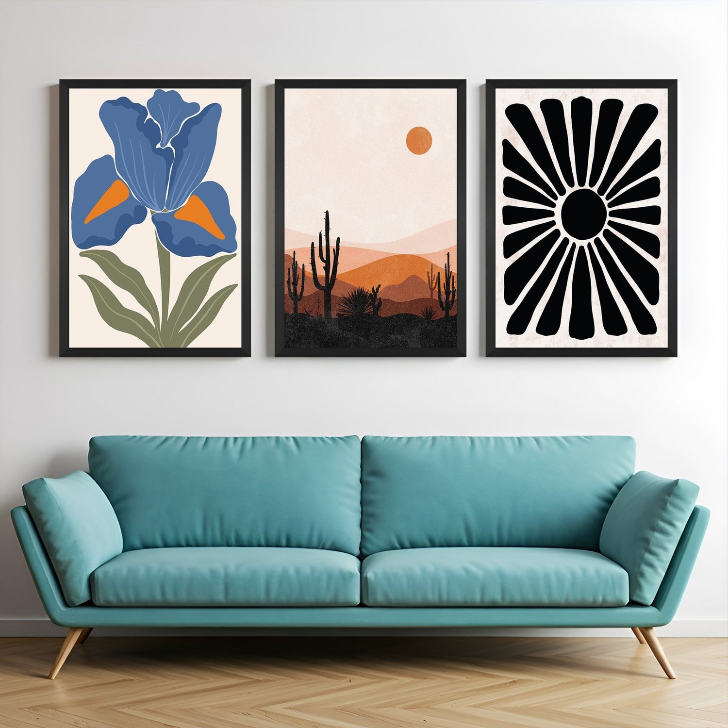 Set of 3 boho canvas prints with flower artwork, sandy desert art, and minimal sun in black and white – nature-inspired wall decor