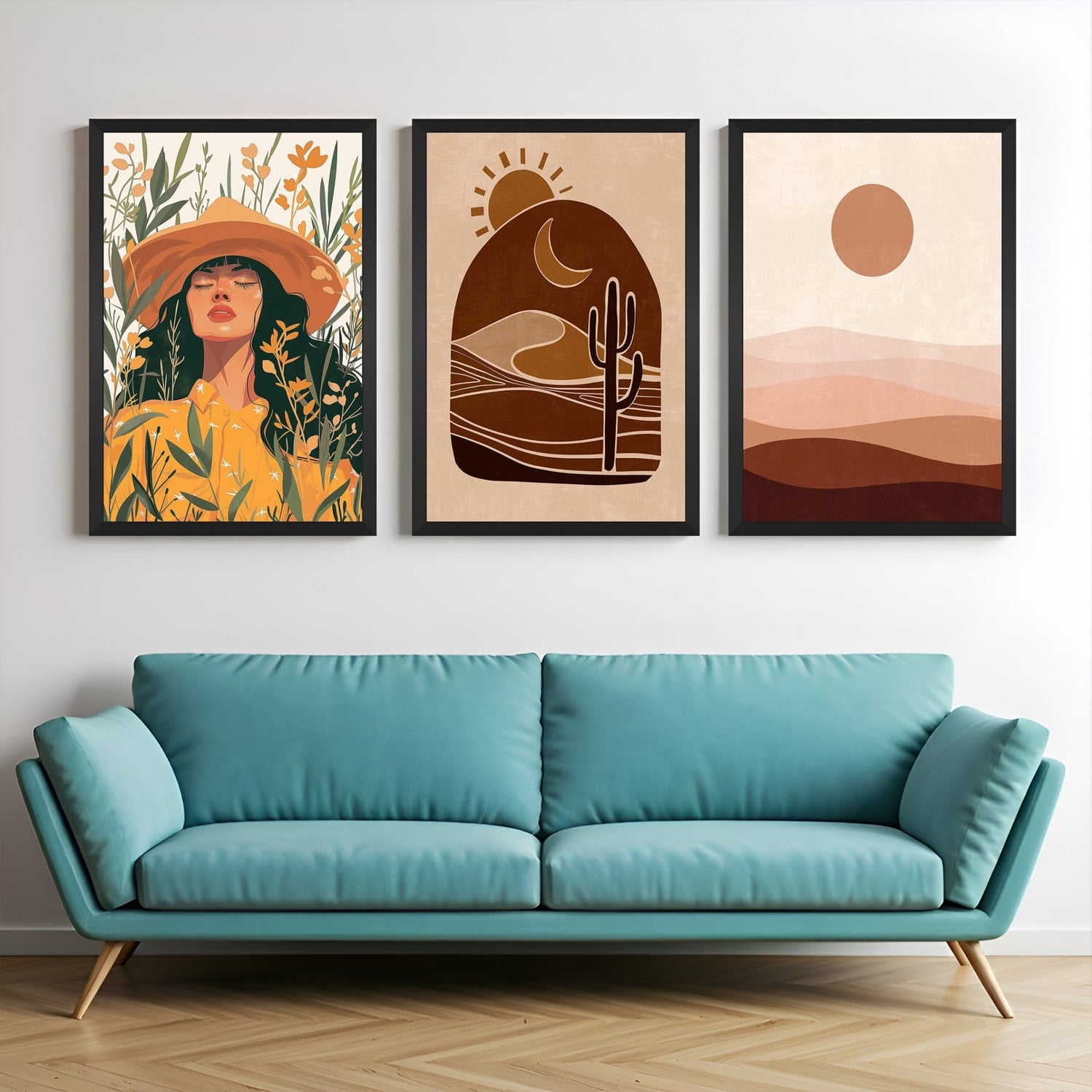 Canvas wall art set with floral girl portrait, earthy desert landscape, and minimalist sun design – for warm, nature-inspired interiors